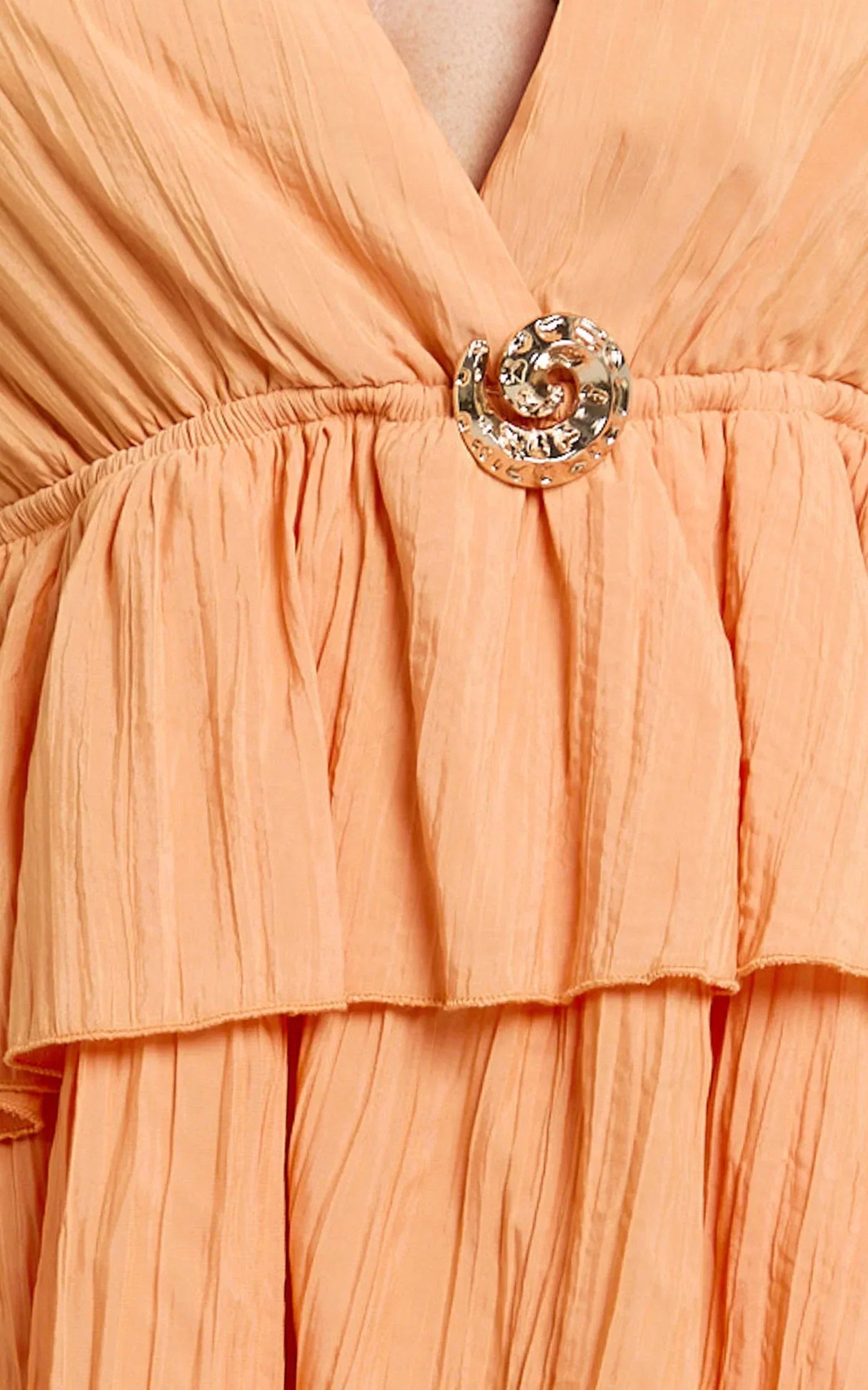 Heidi Mini Dress - Deep V Plunge Halter Neck Peplum Brooch Detail Fit And Flare Dress in Orange
