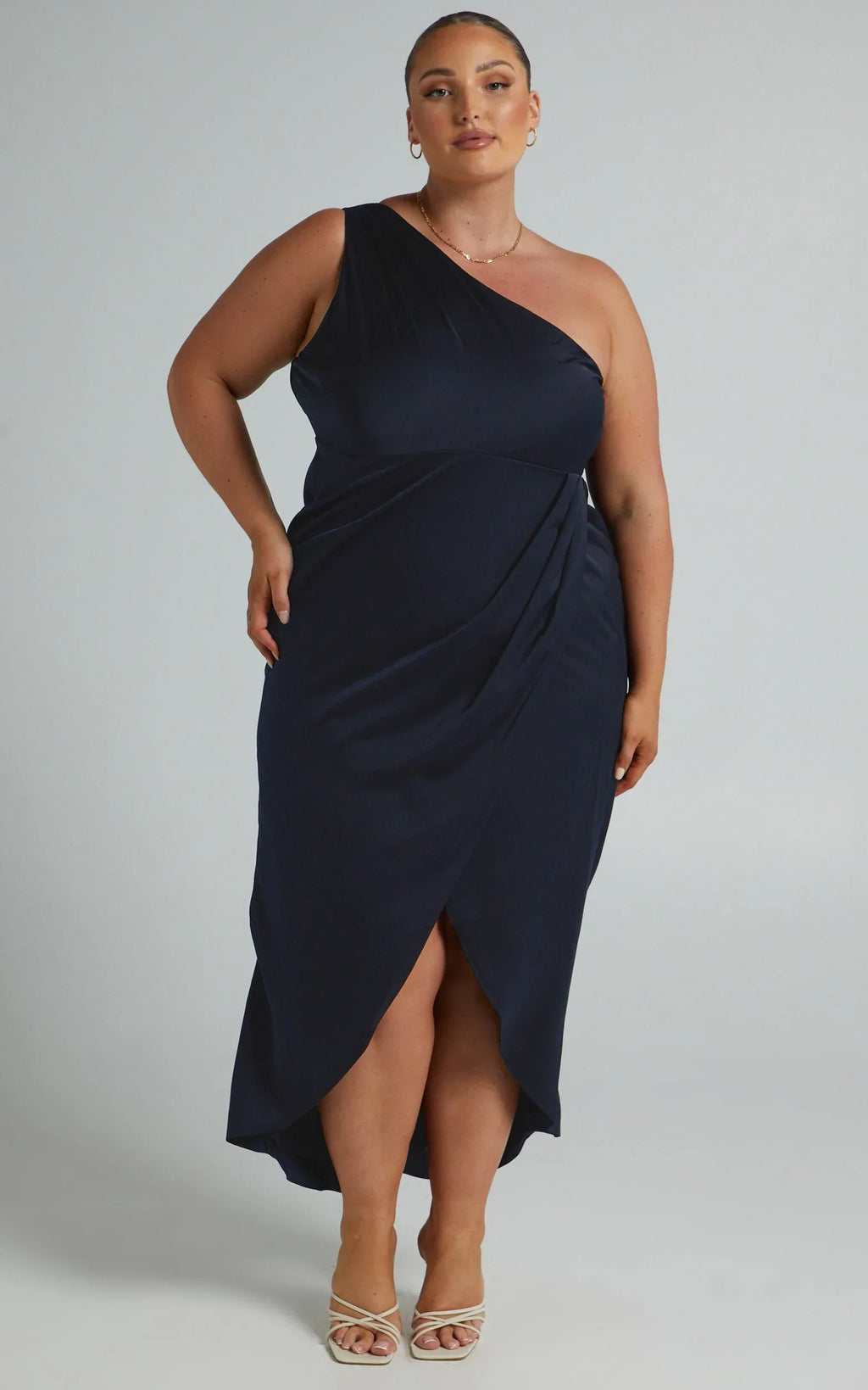 Felt So Happy Midi Dress - One Shoulder Drape Dress in Navy