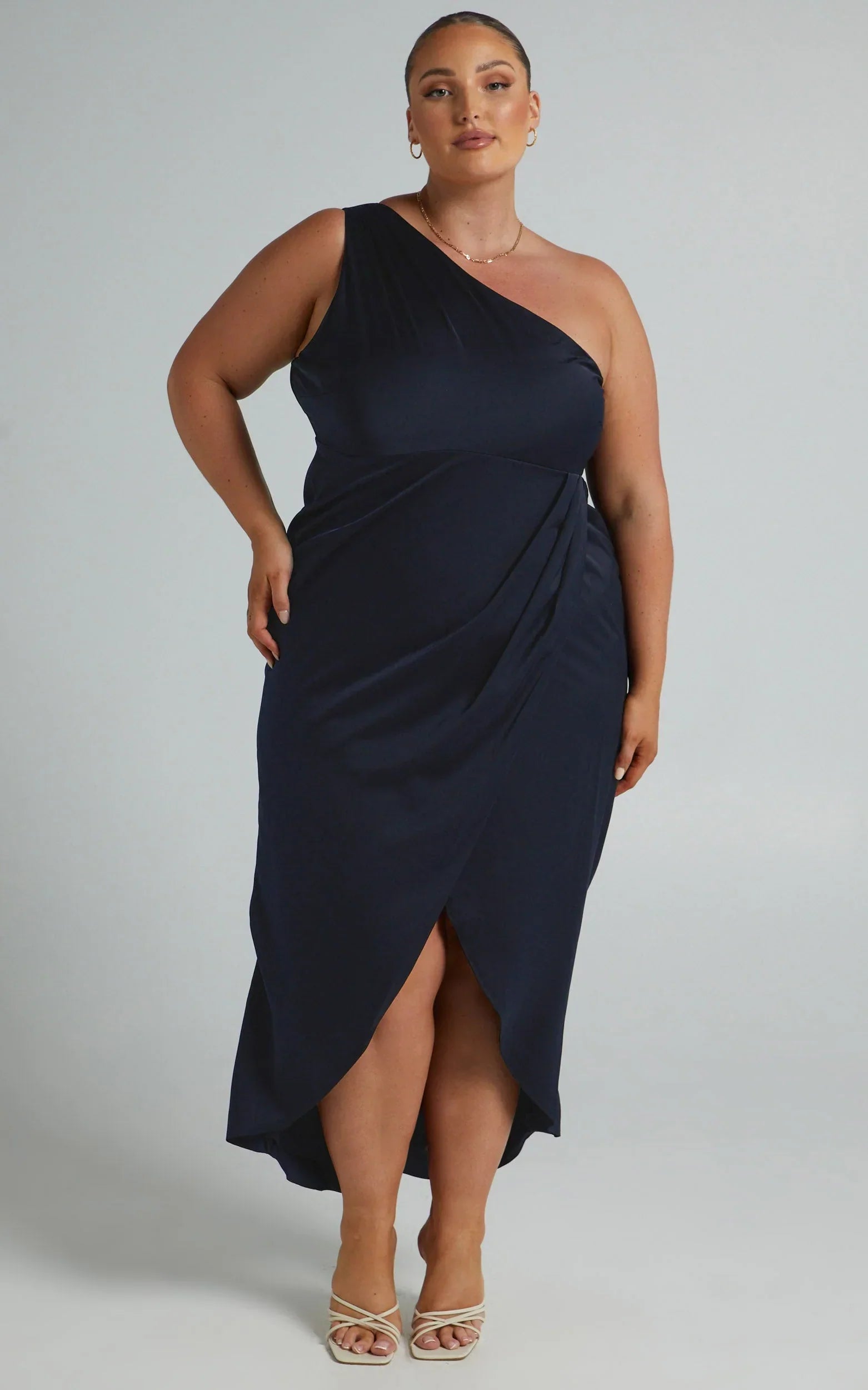 Felt So Happy Midi Dress - One Shoulder Drape Dress in Navy