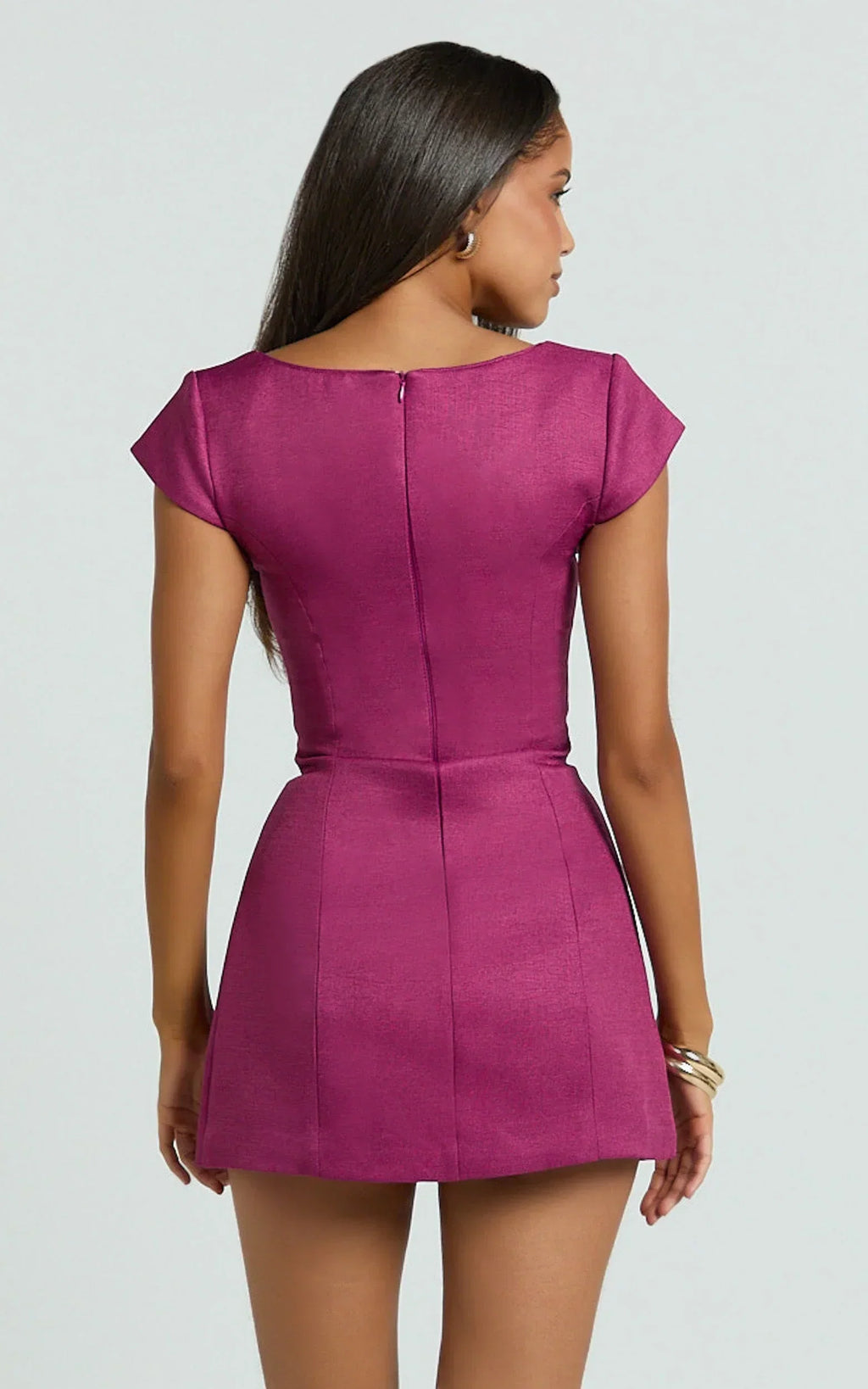 Patsy Mini Dress - Boucle Cap Sleeve Button Front Fitted Dress in Burgundy