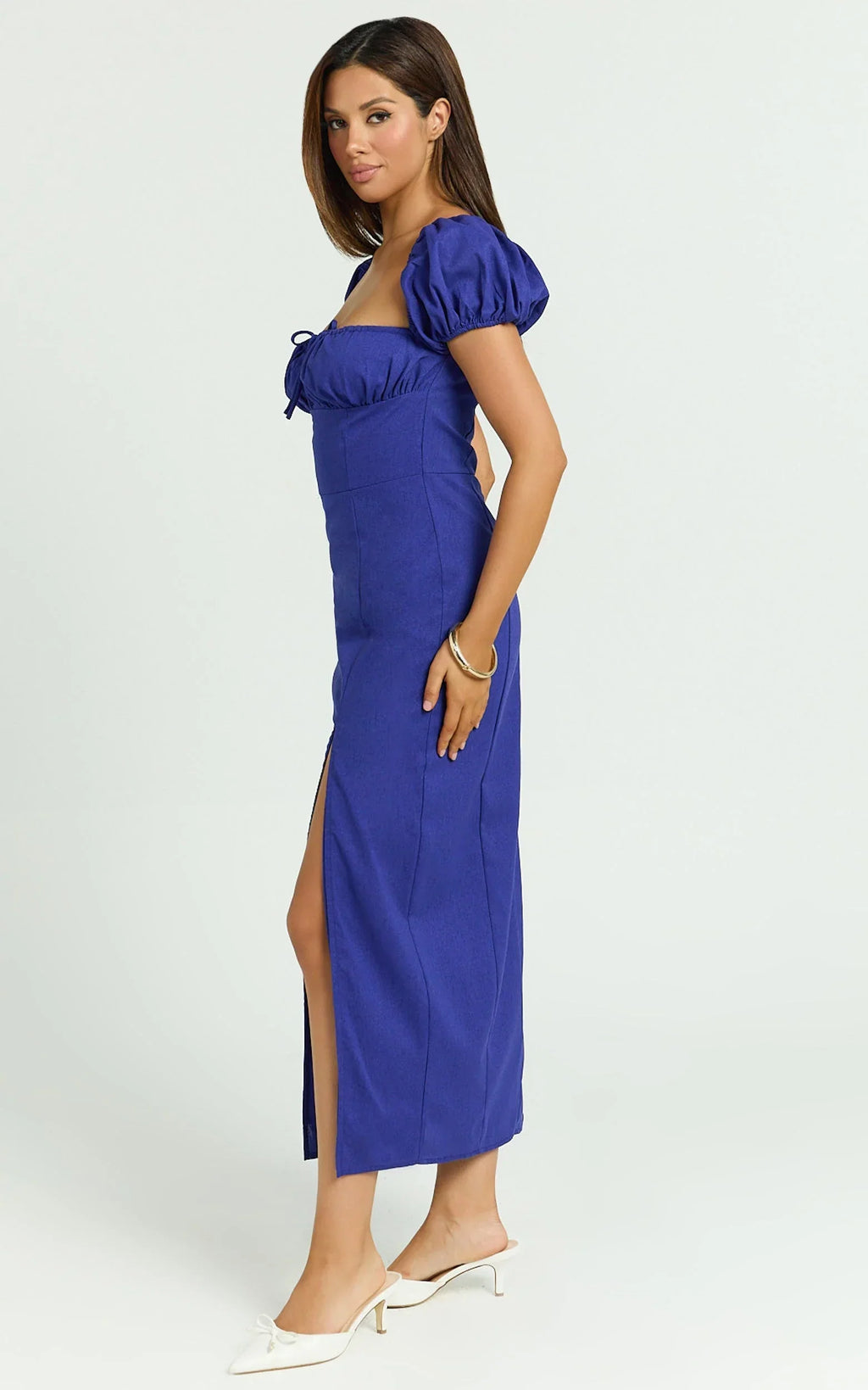 Robin Midi Linen Blend Dress - Puff Sleeve High Split Dress in Navy