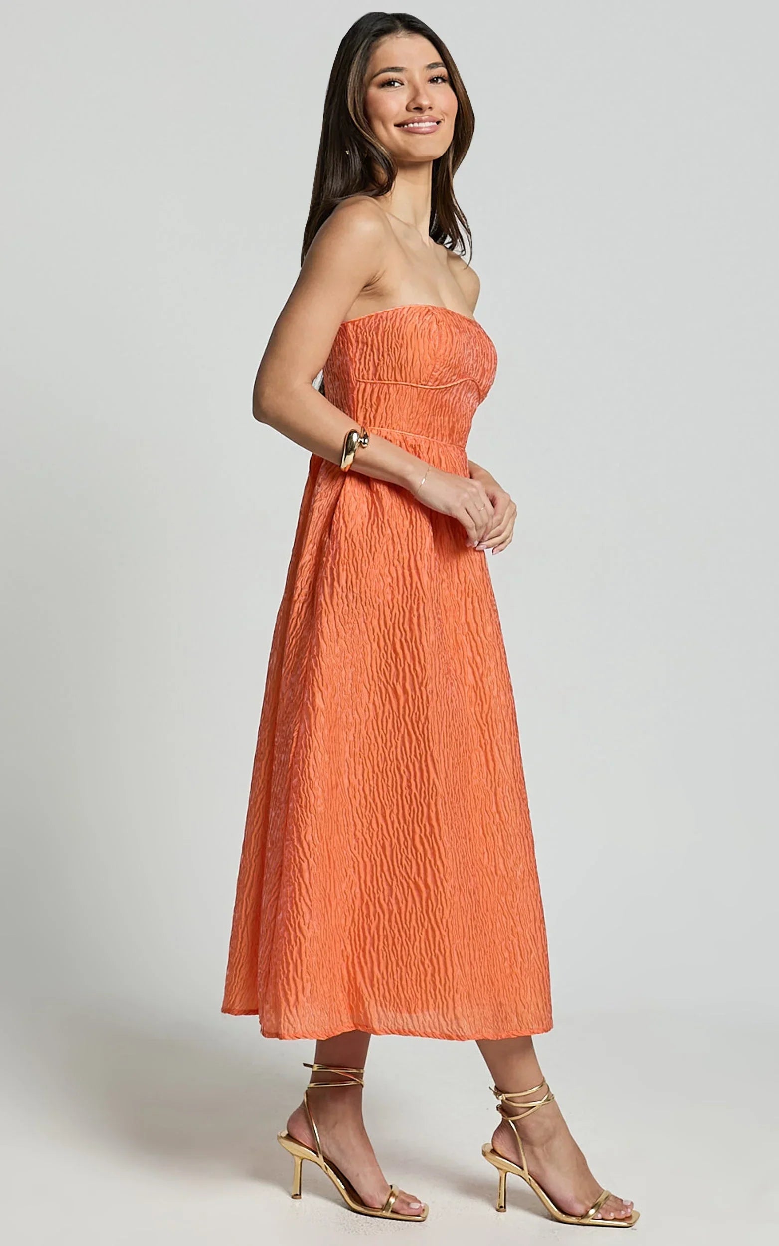 Remy Midi Dress - Strapless Bustier Flare Dress in Orange