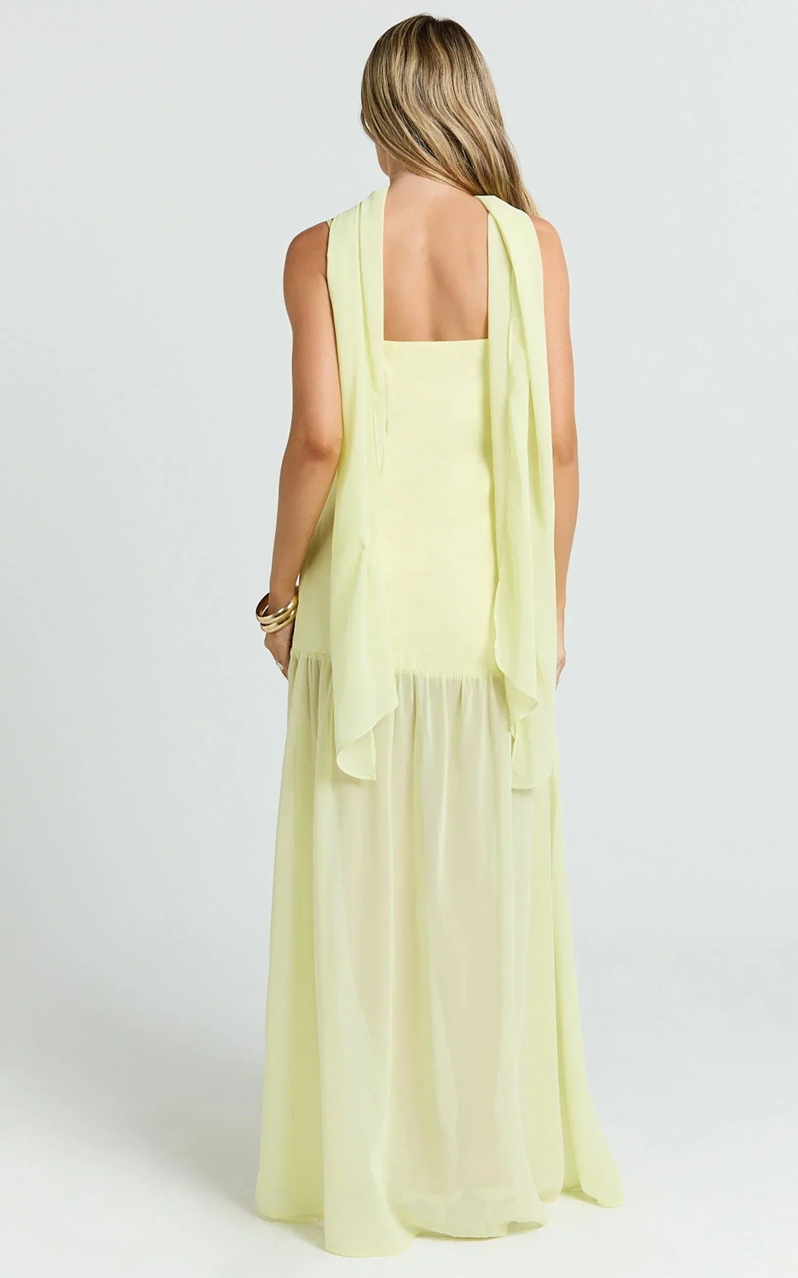 Calvin Maxi Dress - Linen Look Contrast Georgette Skirt with Neck Scarf in Lemon