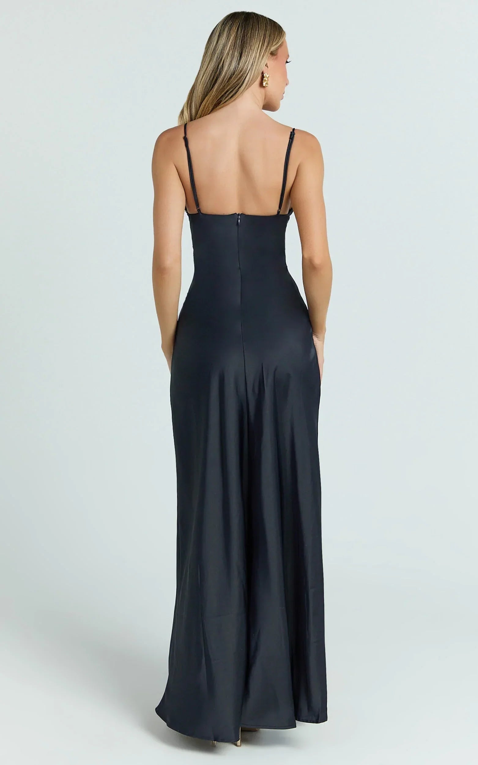 Cariela Midi Dress - Plunge Neck Satin Dress in Navy
