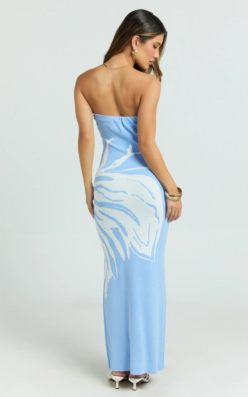 Rema Maxi Dress - Intarsia Floral Strapless Knitted Dress in Light Blue