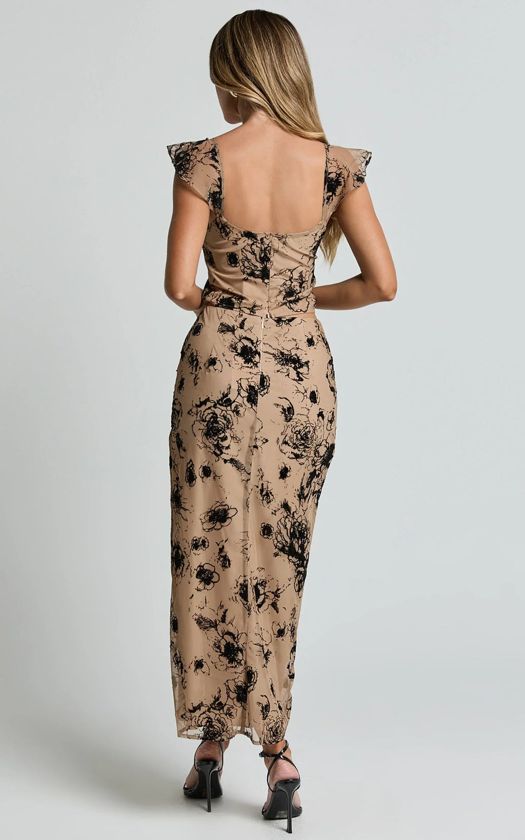 Athena Midi Skirt - Floral Mesh High Waist Skirt in Brown and Black Burnout