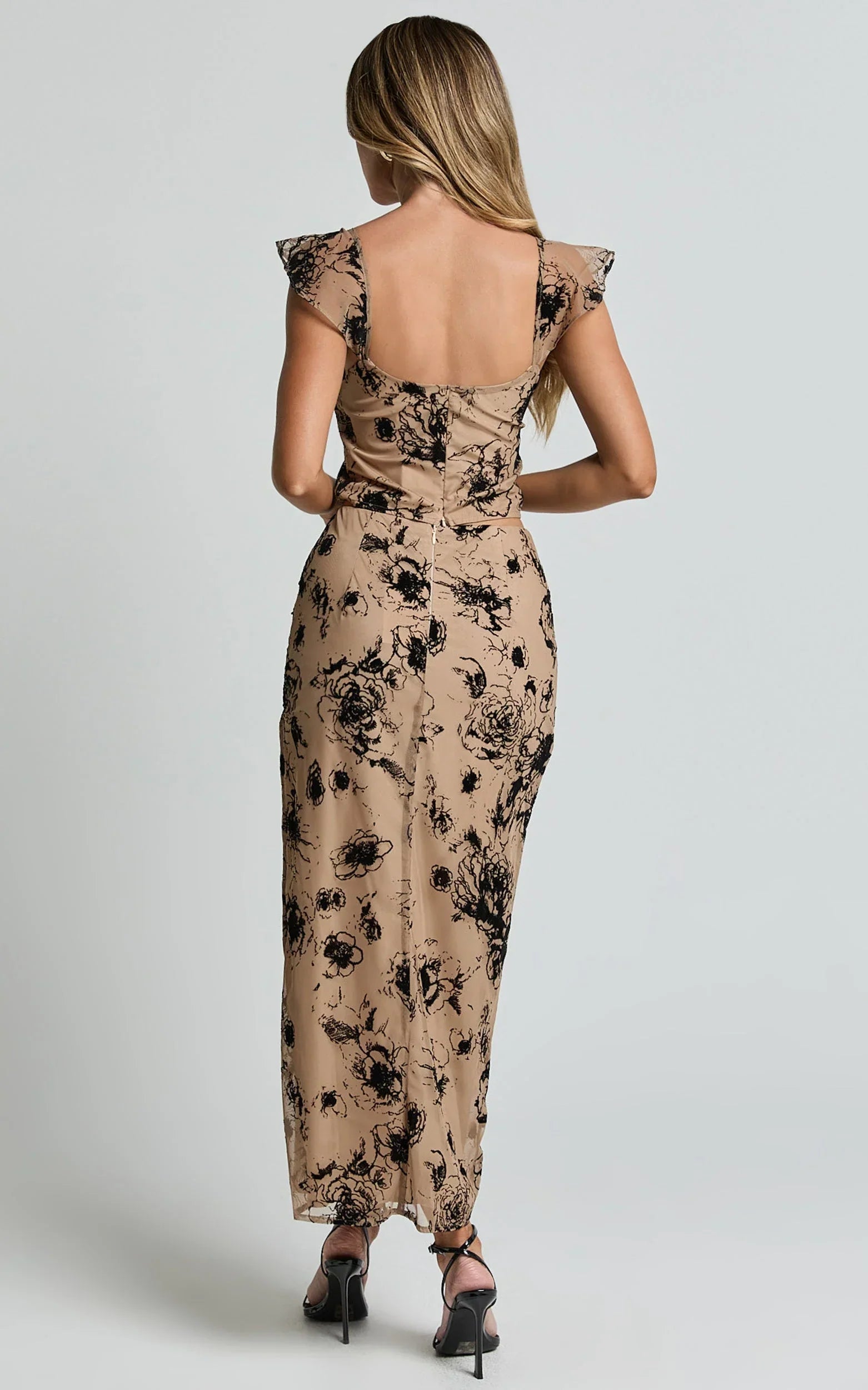 Athena Midi Skirt - Floral Mesh High Waist Skirt in Brown and Black Burnout