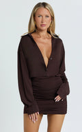 Pearce Mini Dress - Ruched Jersey Shirt Dress in Chocolate