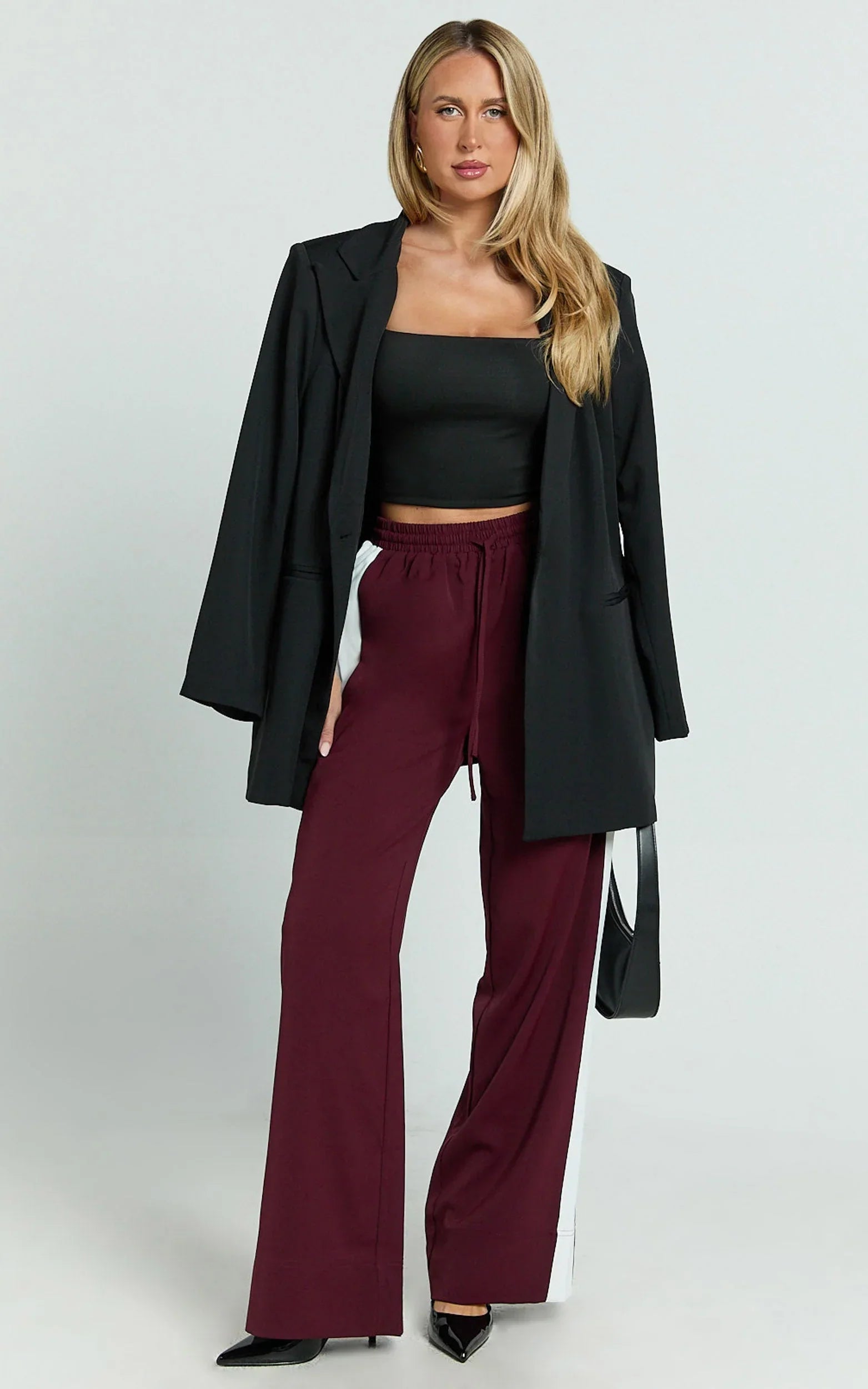 Davi Pants - Drawstring Waist Contrast Panel Tailored Pants in Burgundy