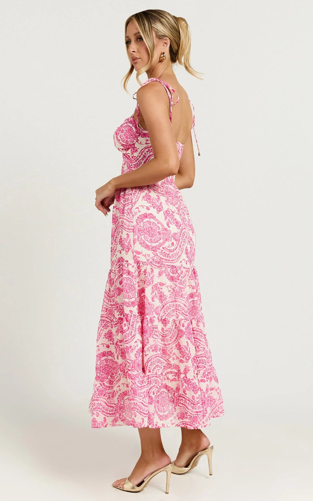 Esmeralda Midi Dress - Strappy Cut Out Tiered Dress in Pink Floral
