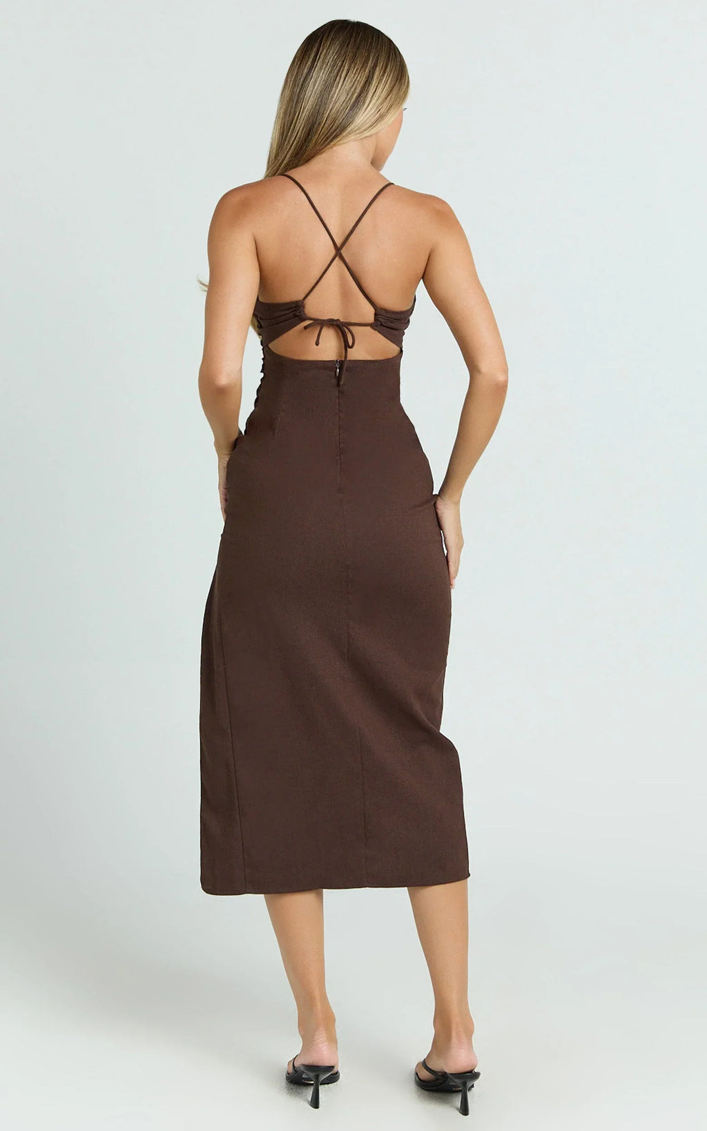 Frederica Midi Linen Blend Dress - Gathered Sweetheart Tie Back Front Split Dress in Chocolate