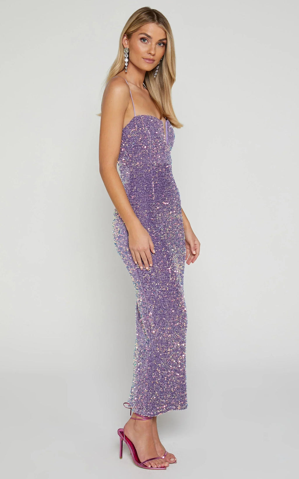 Rayner Midi Dress - V Bar Sequin Bodycon Dress in Lilac