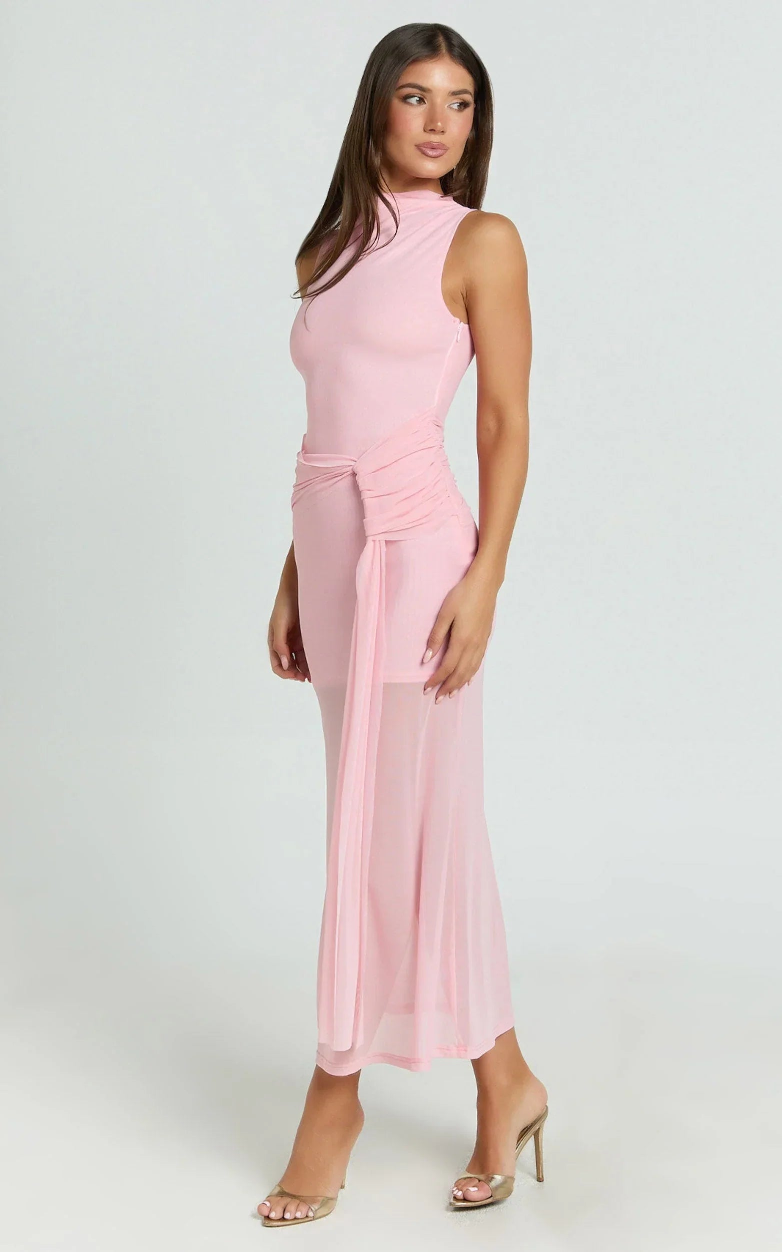 Jaimae Midi Dress - High Neck Side Knot Detail Mesh Dress in Soft Pink