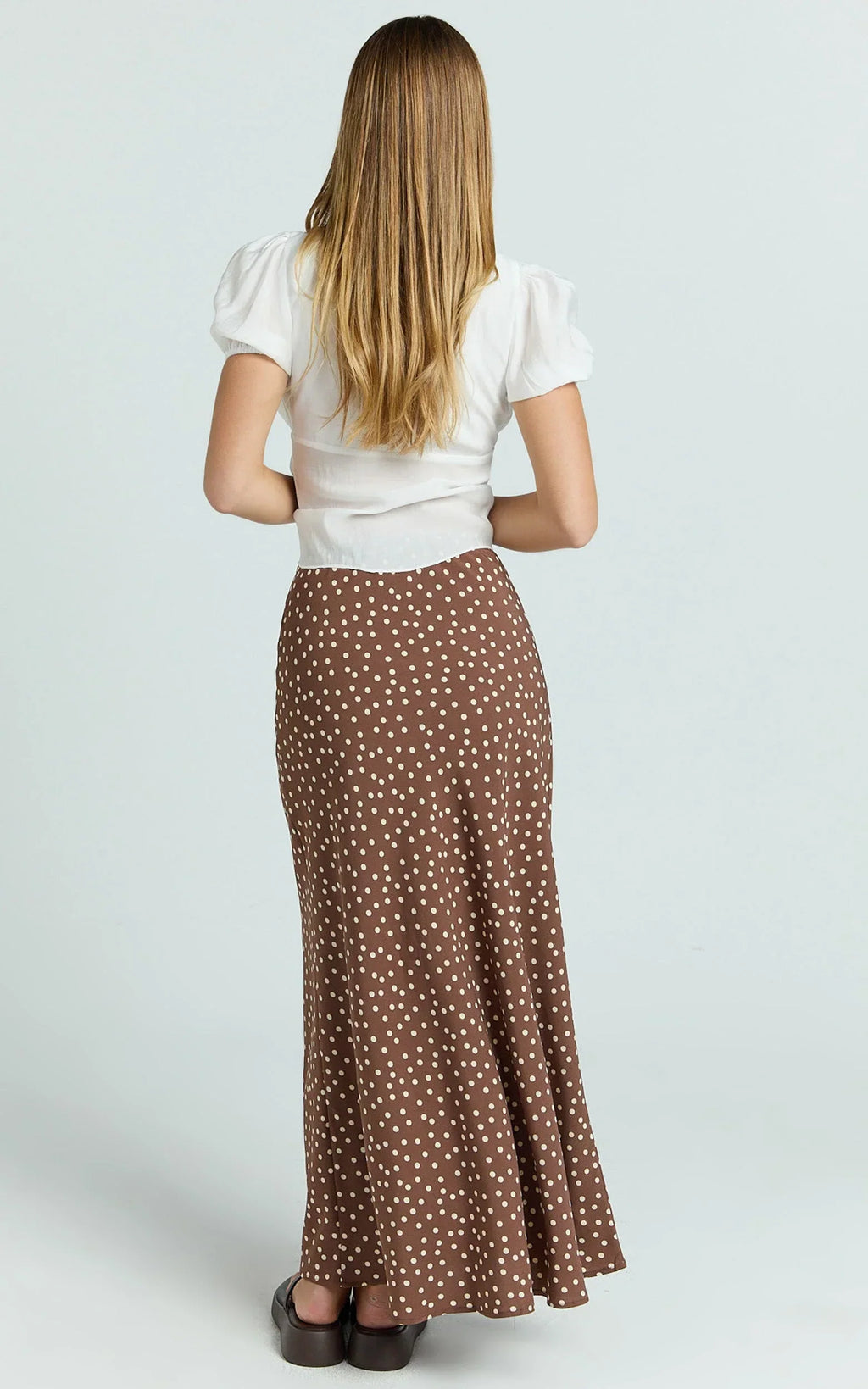 Ruby Maxi Skirt - High Waisted Bias Cut Skirt in Chocolate Polka Dot