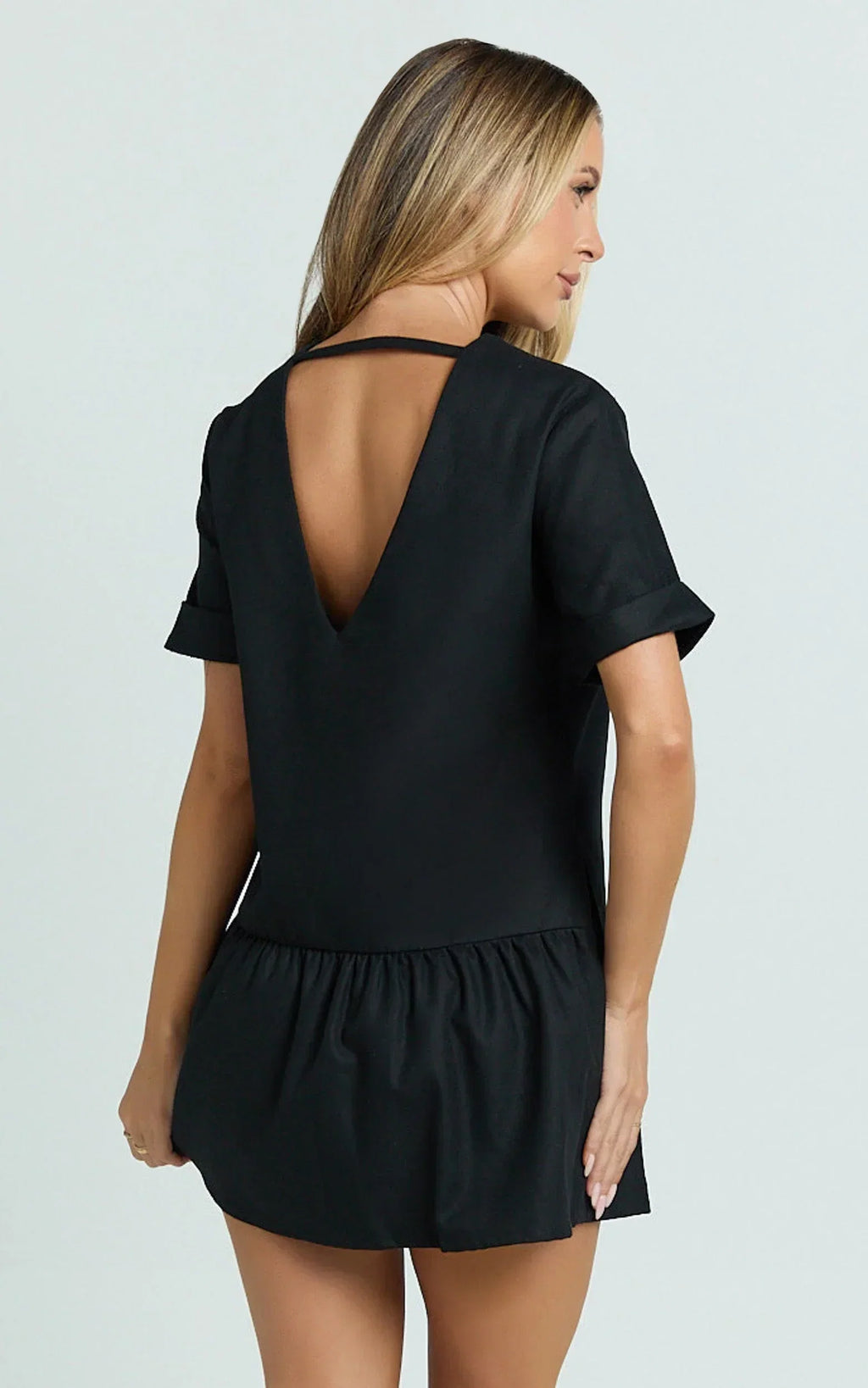 Lyons Mini Dress - High Neck Short Sleeve Drop Waist Gathered Skirt Dress in Black