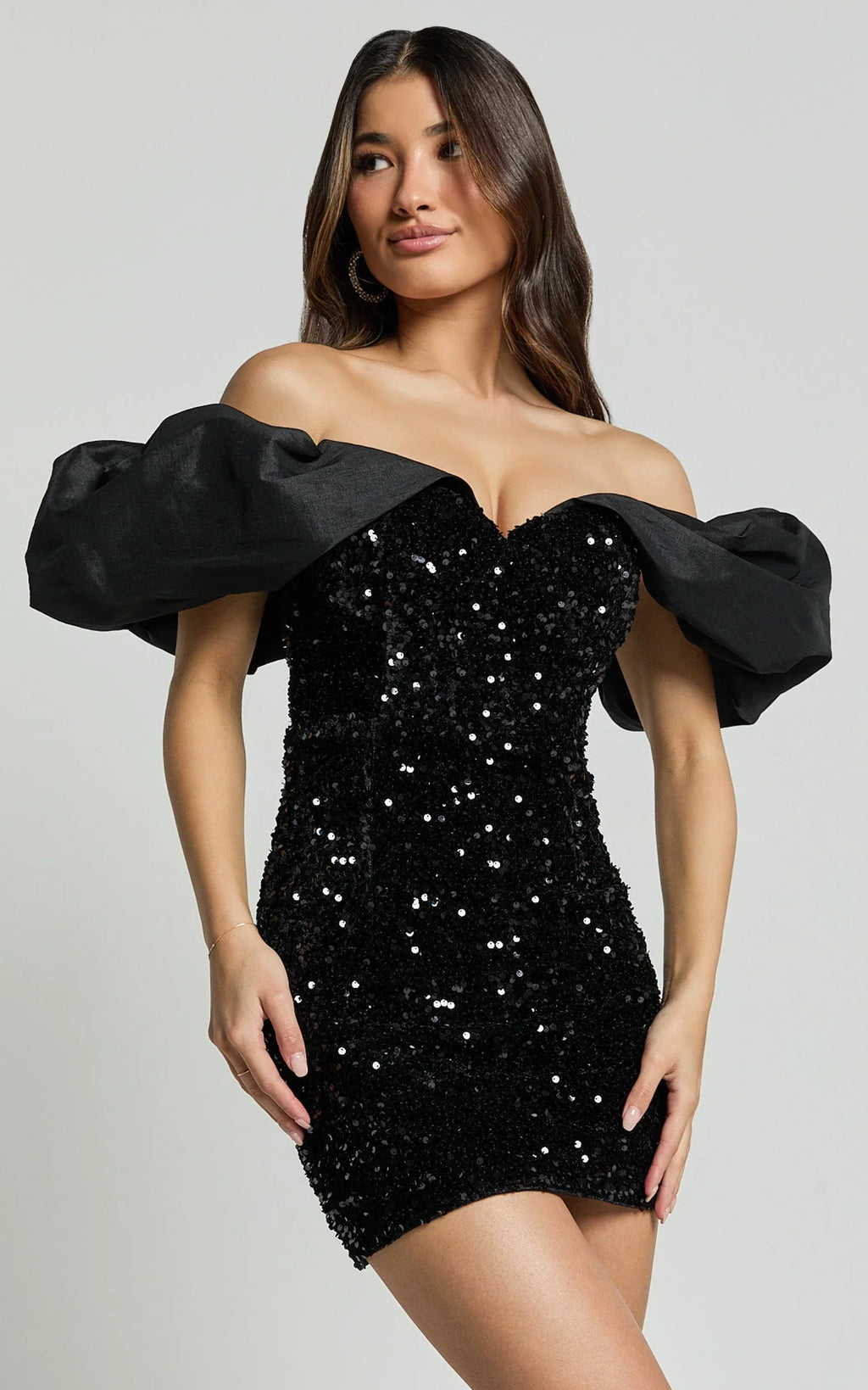 Delphine Mini Dress - Off Shoulder Sequin Bodycon Dress in Black