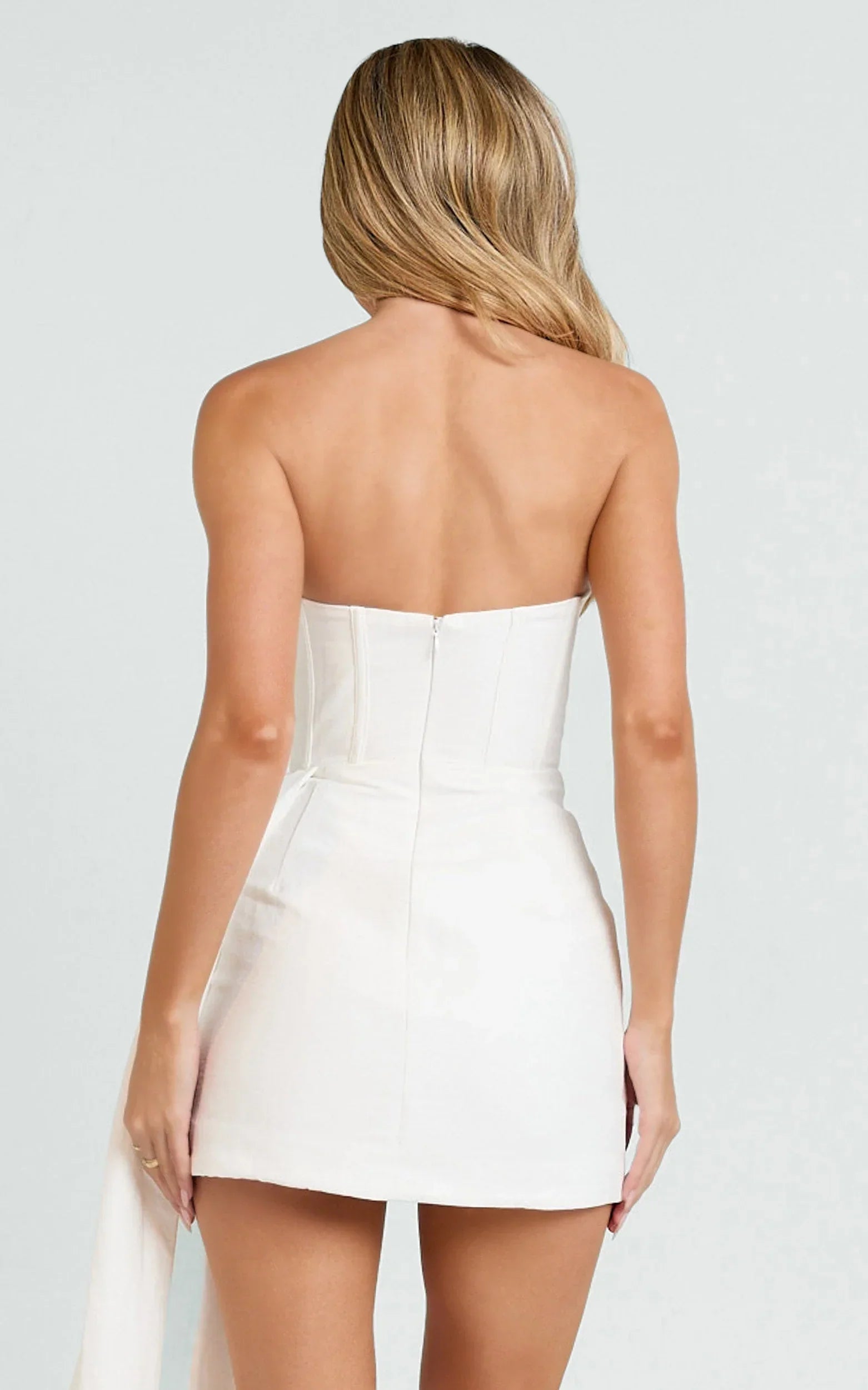 Jeanette Mini Dress - Strapless Corset Bodice Draped Waist Dress in White