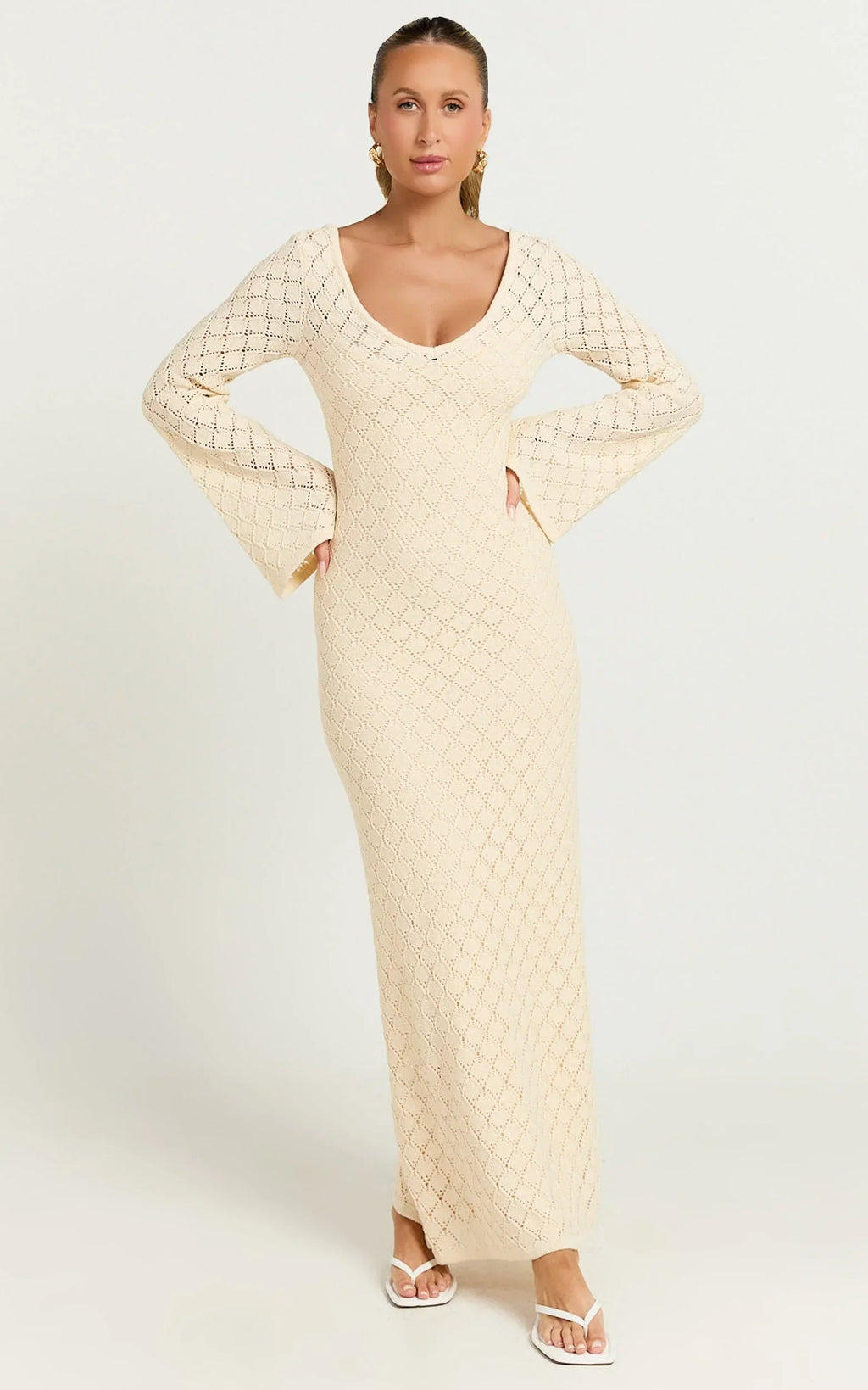 Halsey Maxi Dress - Crochet Scoop Neck Flare Sleeve Dress in Off White