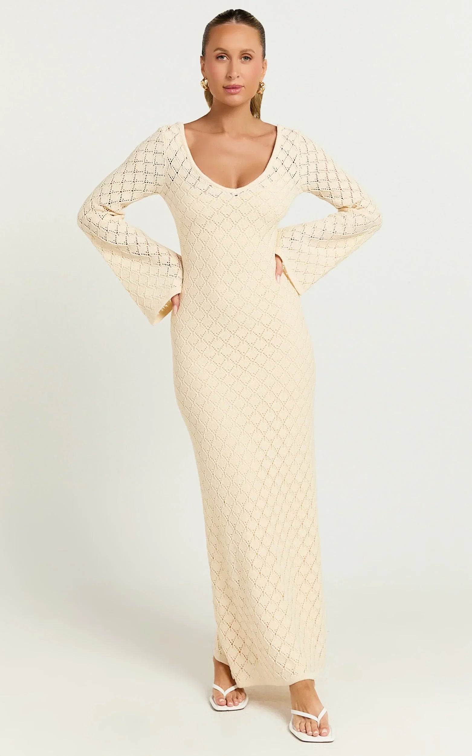 Halsey Maxi Dress - Crochet Scoop Neck Flare Sleeve Dress in Off White