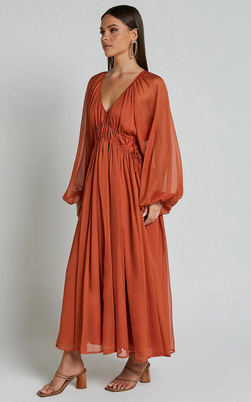 Roxanna Maxi Dress - Long Sleeve Ruched Waist Dress in Rust