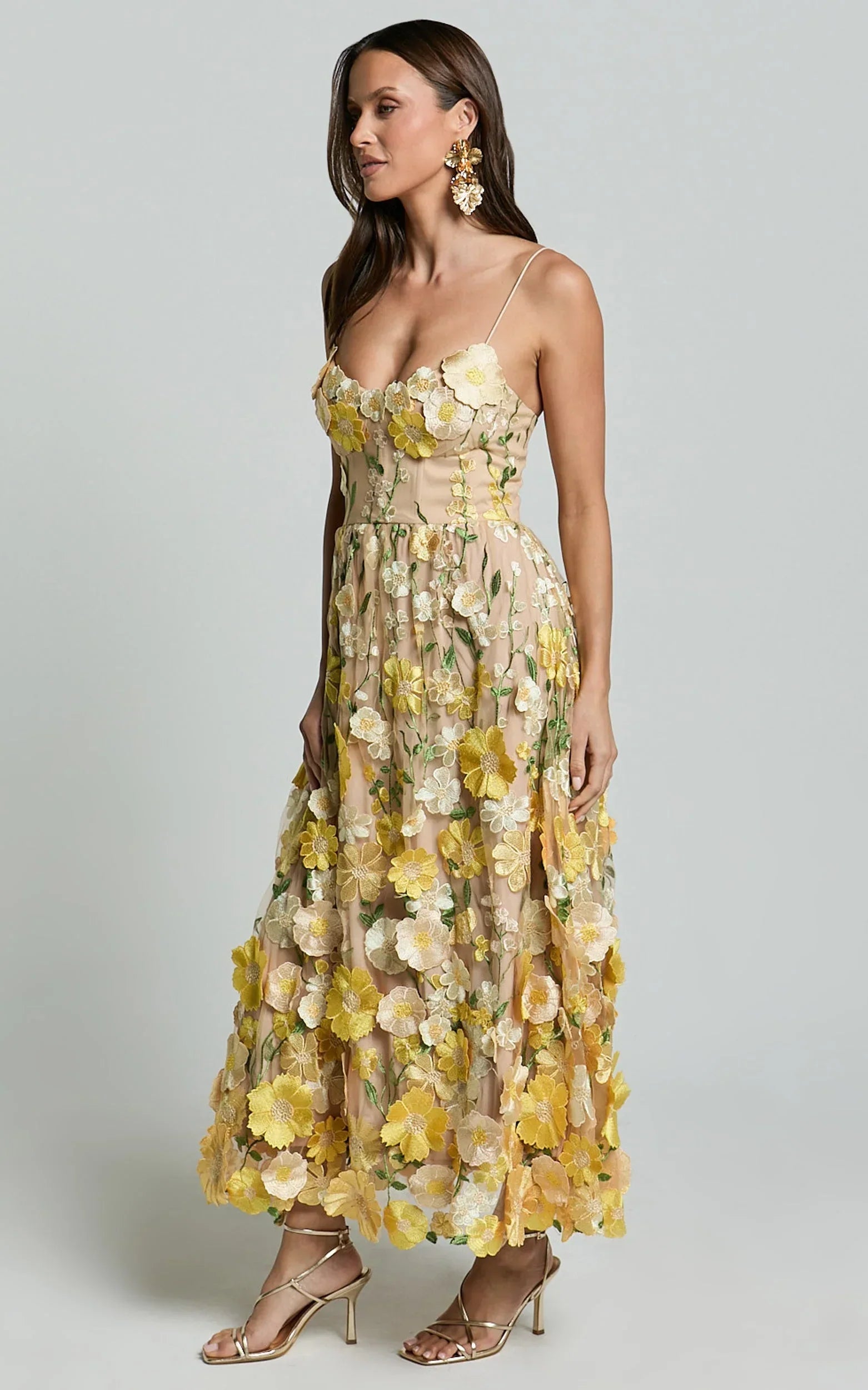 Amalie The Label - Mia Strappy Flower Detail Midi Dress - In Yellow