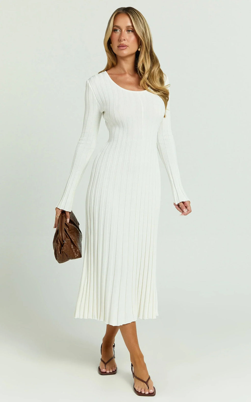 Blaire Midi Dress - Long Sleeve Tie Back Flare Dress in Ivory