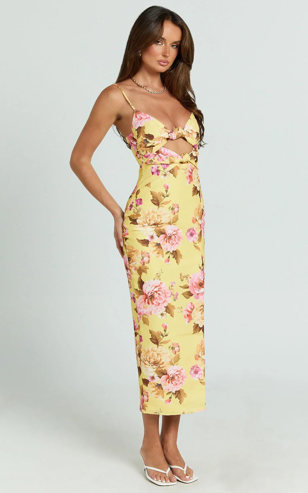 Janice Midi Dress - Knot Detail Front Split Dress in Sunshine Floral