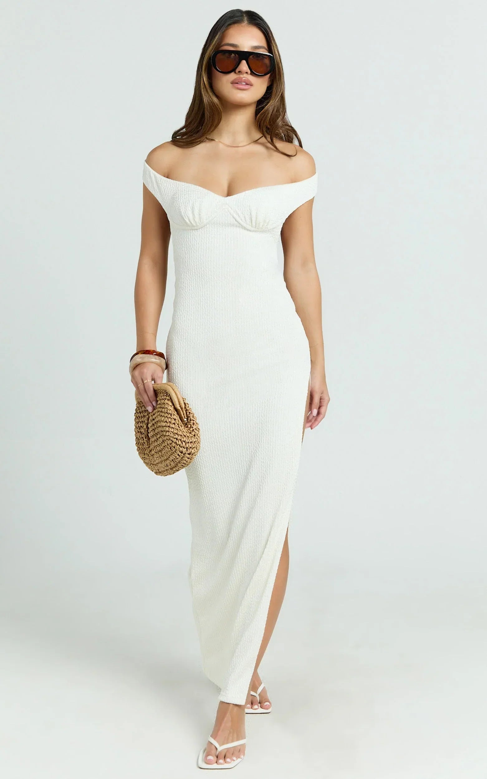 Anziel Maxi Dress - Underwire Off Shoulder Backless Column Jersey Tie Back in Off White