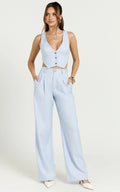 Izara Trousers - Mid Rise Relaxed Straight Leg Tailored Trousers in Light Blue