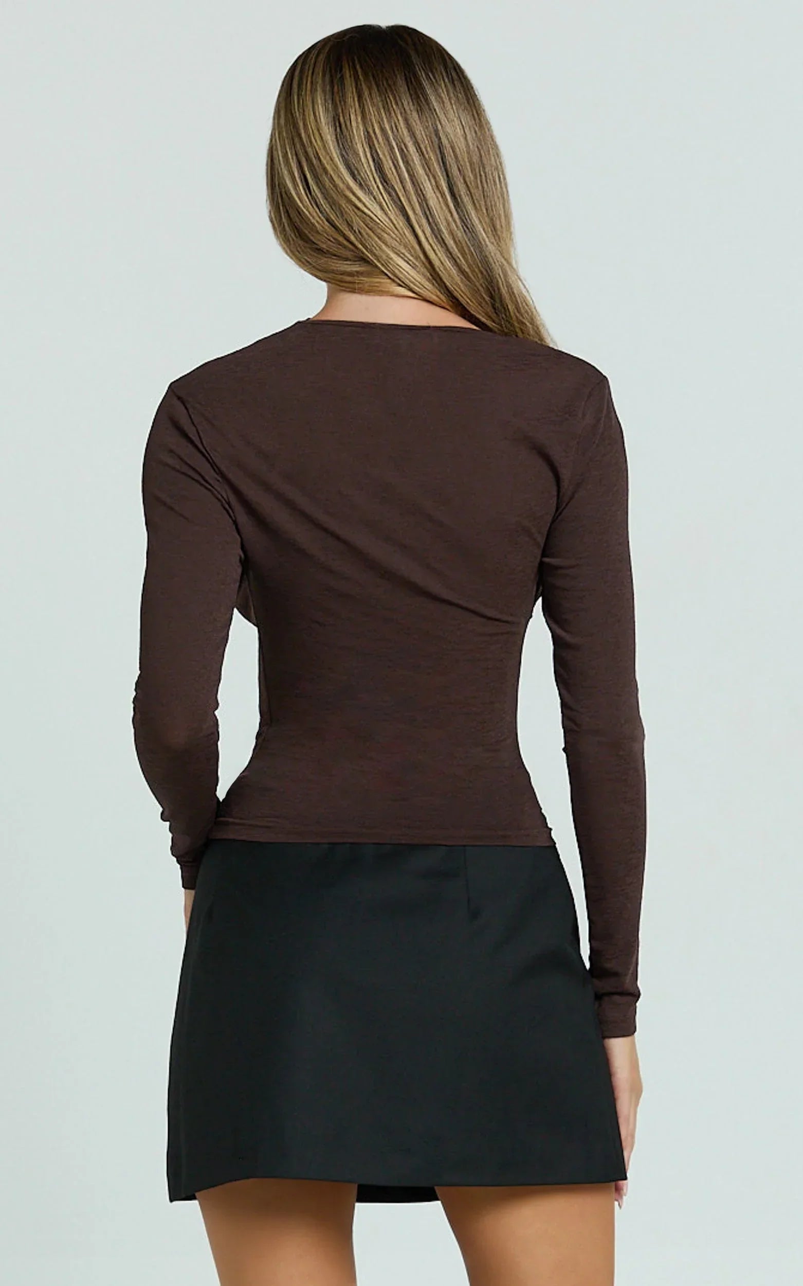 Hillary Top - Asymmetric Ruched Side Jersey Top in Chocolate Brown