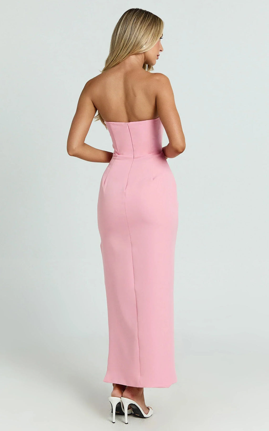 Avery Midi Dress - Strapless Draped Side Split Dress in Pink