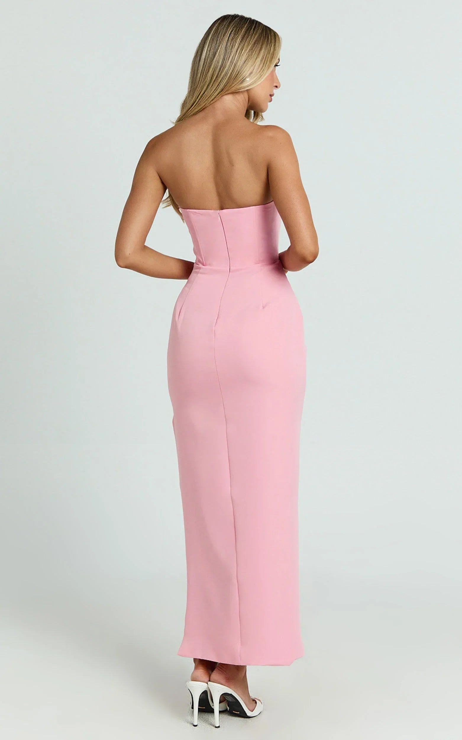 Avery Midi Dress - Strapless Draped Side Split Dress in Pink