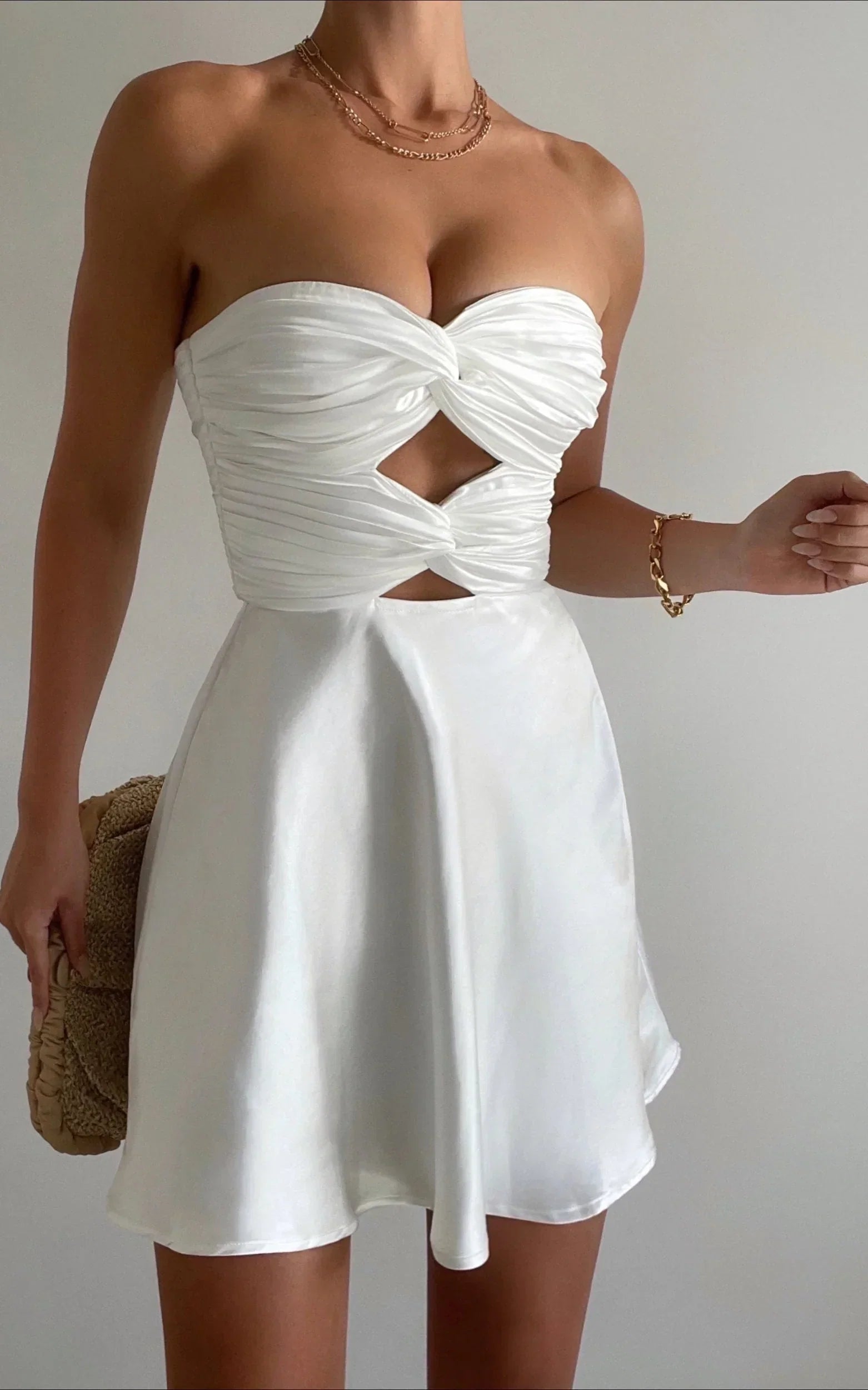 Almaeh Mini Dress - Twist Front Cut Out Strapless Slip Dress in White