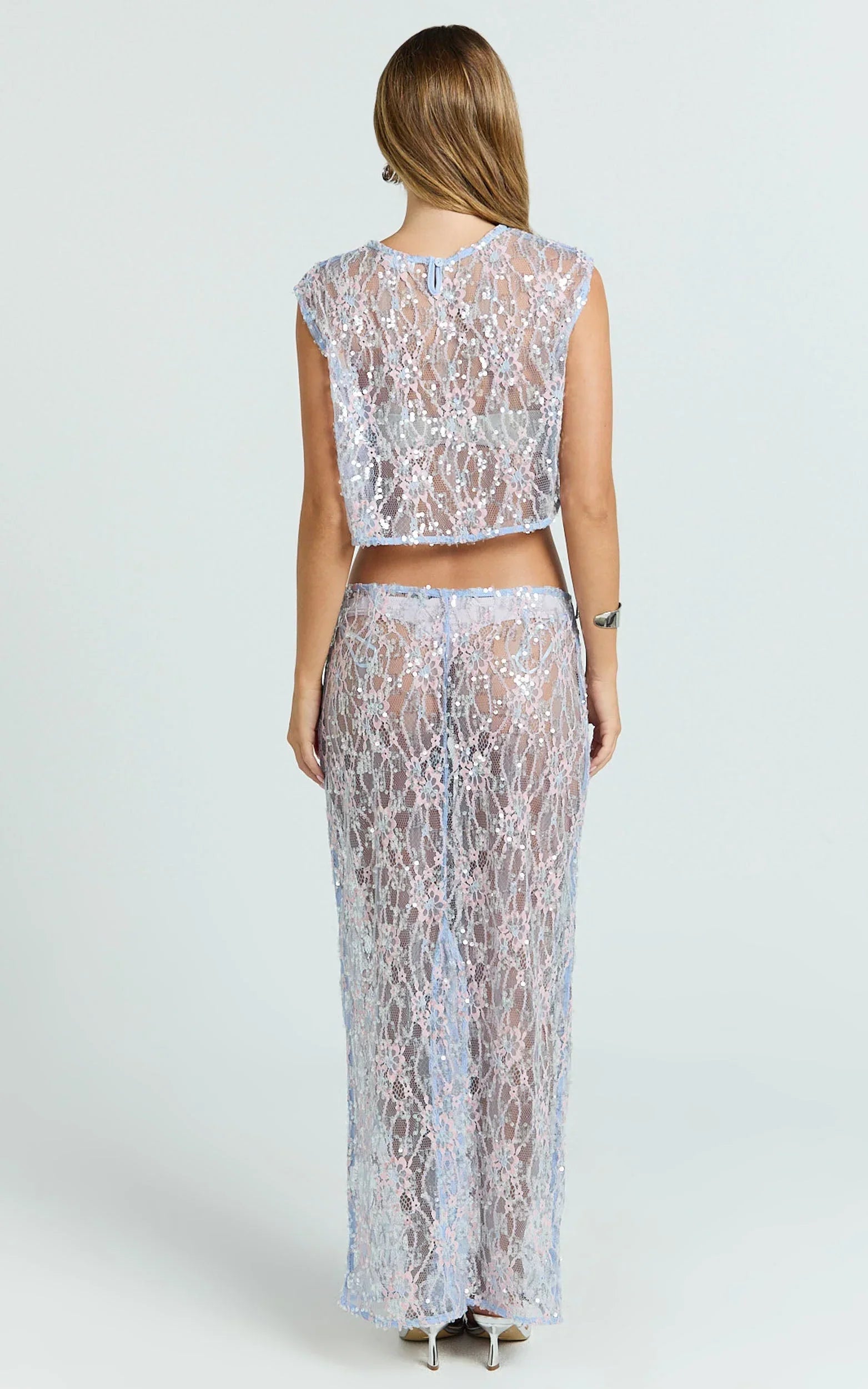 Gemmalyn Two Piece Top and Skirt Set - Sequin Lace Top And A Line Skirt in Pink