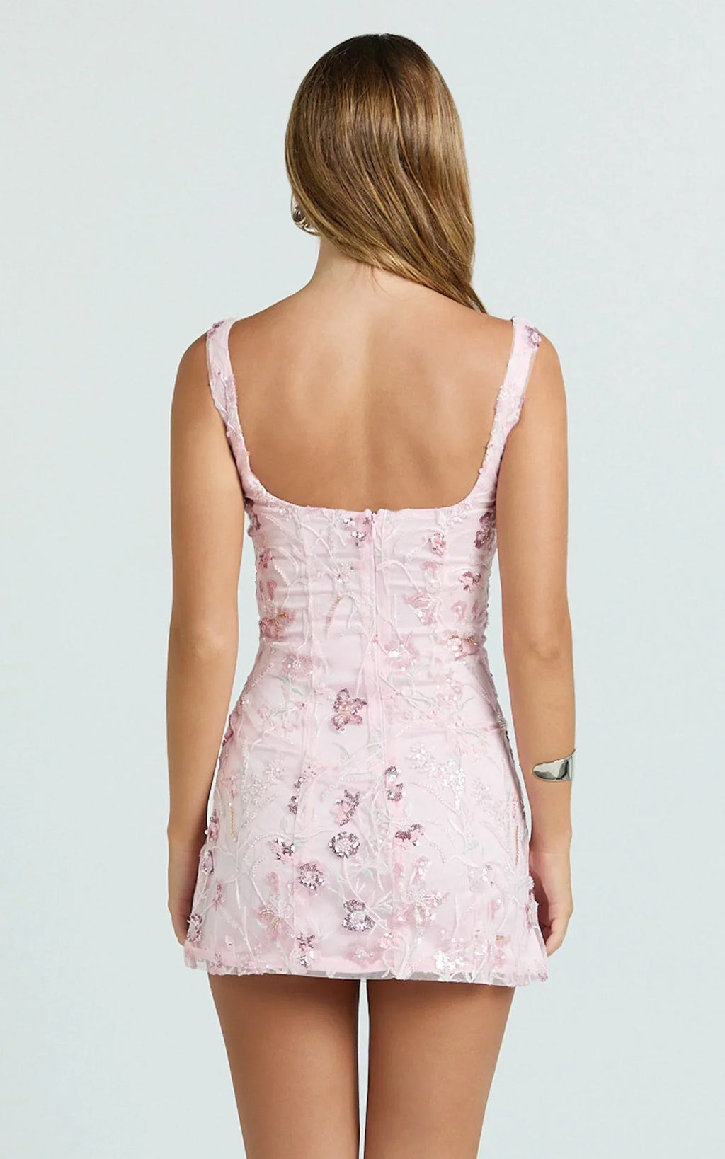 Bec Mini Dress - Embroidered Floral Sequin Corset Panel Dress in Pink