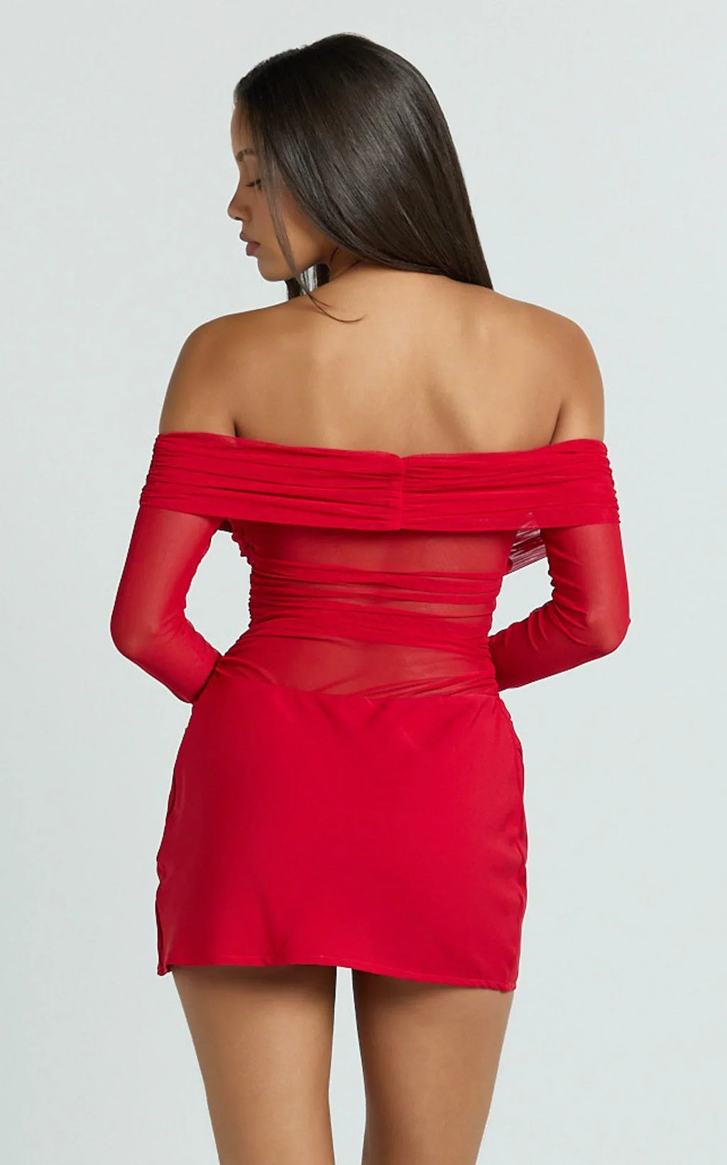 Jade Mini Dress - Long Sleeve Off Shoulder Draped Bias Cut Dress in Red