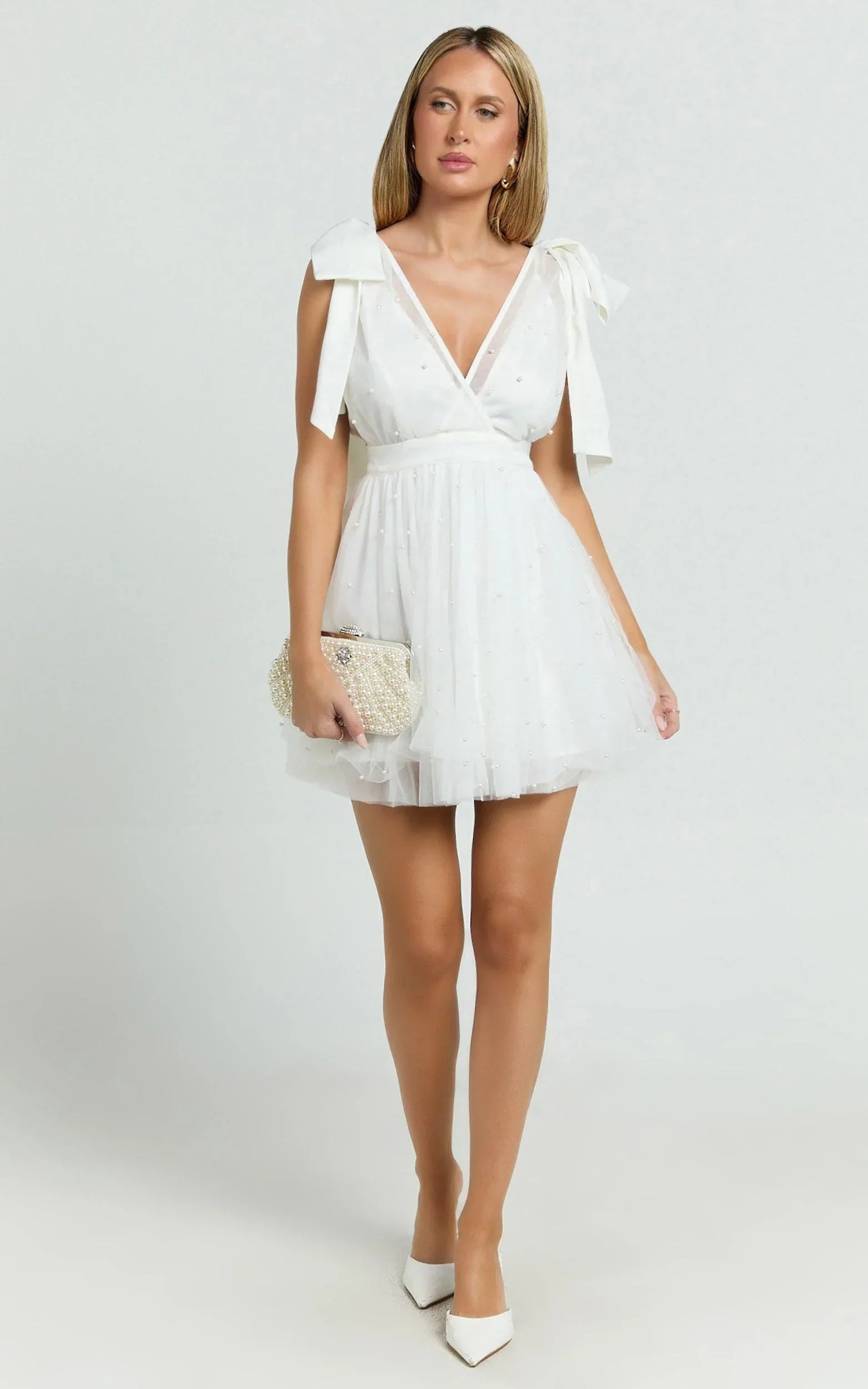 Karalyn Mini Dress - Bow Strap Plunge Pearl Detail Dress in White