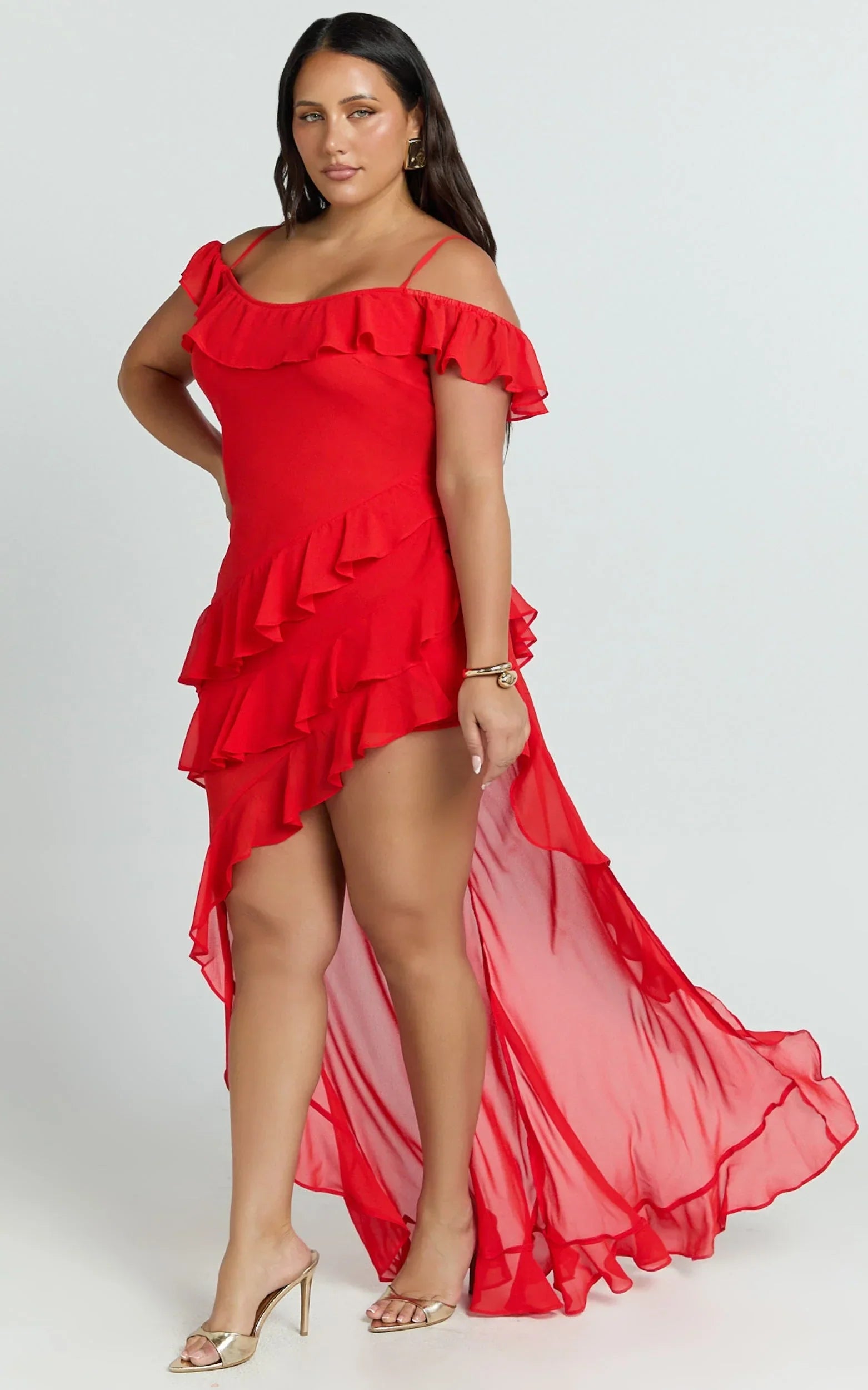 Brigitte Maxi Dress - Halter Off Shoulder Georgette Ruffle Tiered Dress in Red