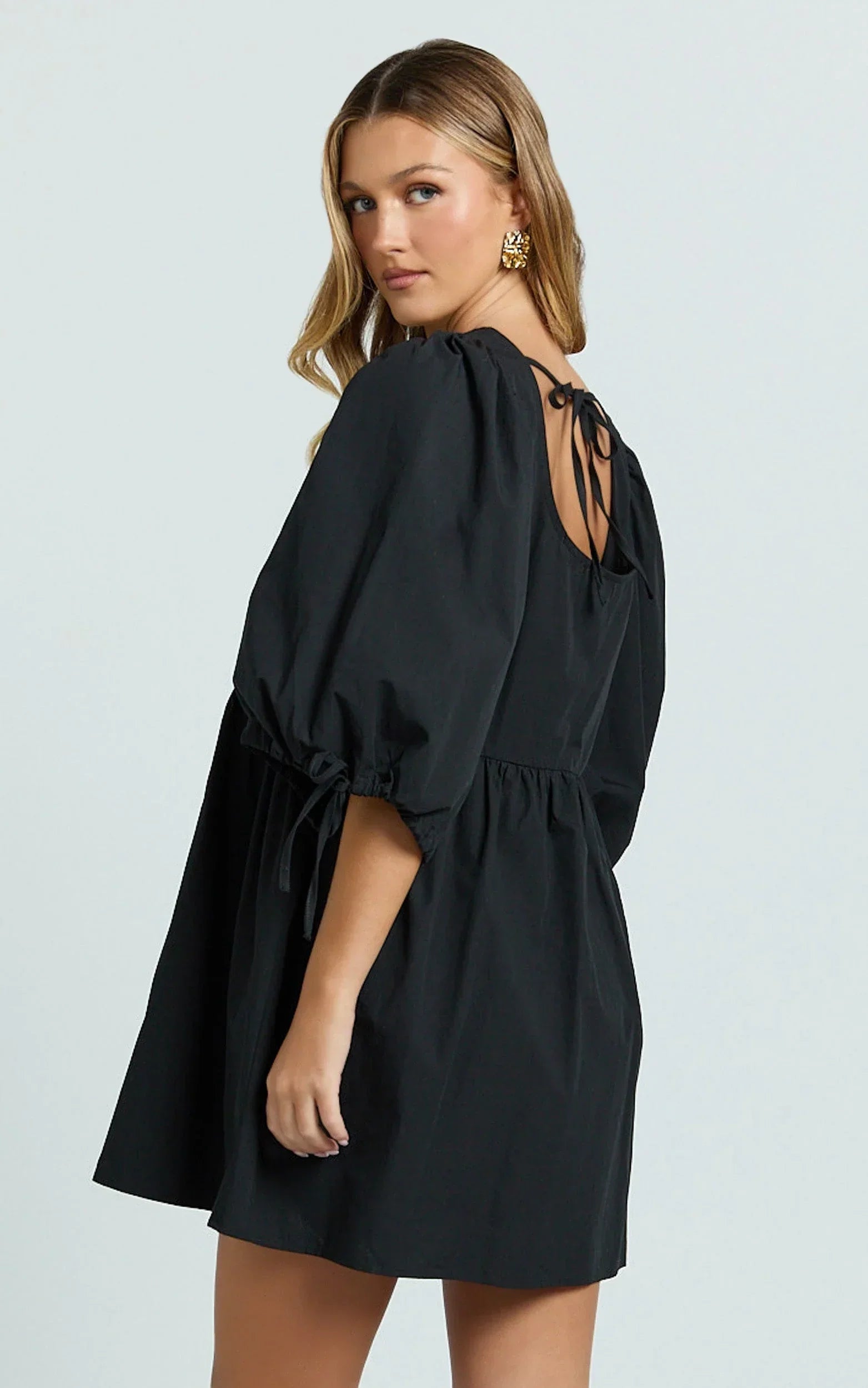 Rosita Mini Dress - Tie Front Puff Sleeve Dress in Black