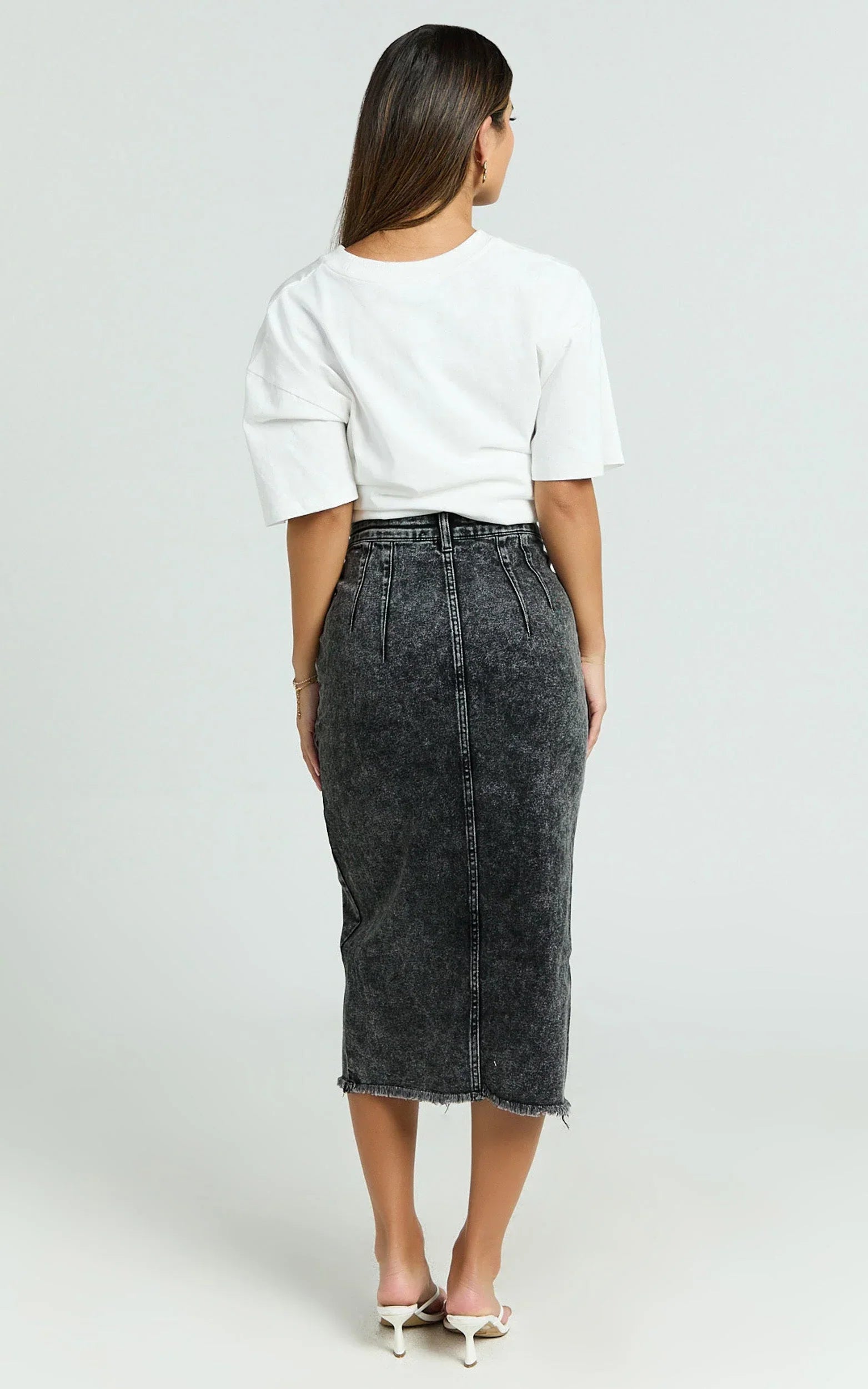 Janeve Midi Skirt - Front Split Denim Skirt in Black Acid Wash