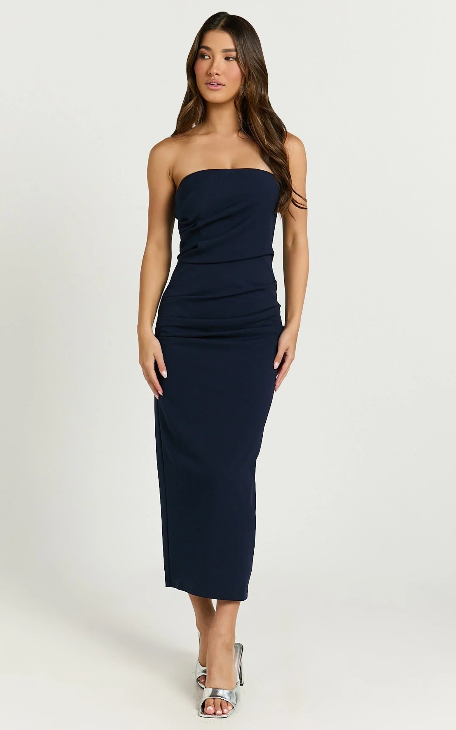 Calanthe Midi Dress - Strapless Tuck Detail Dress in Navy