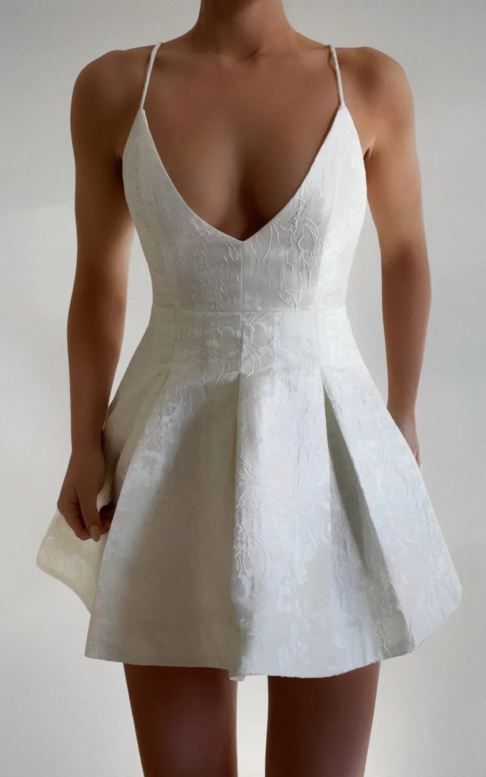 Gemima Mini Dress - Strappy Plunge Neck Fit and Flare Dress in White
