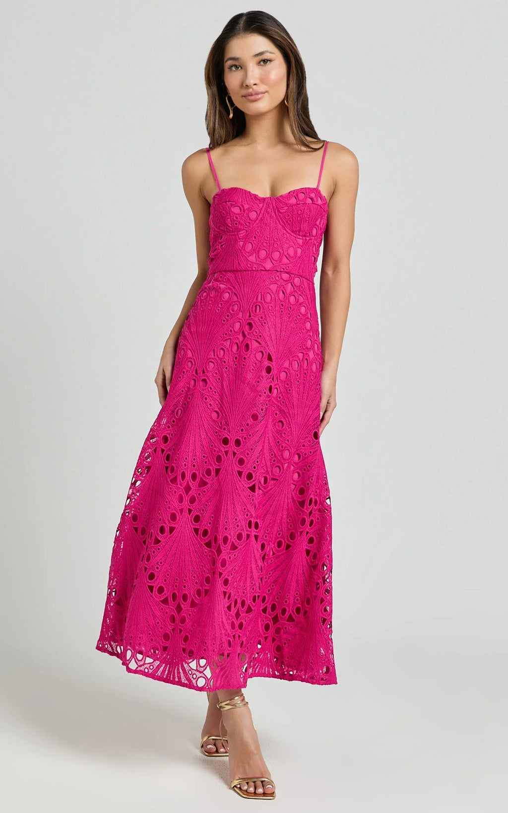 Nikka Midi Dress - Sweetheart Bustier Lace Dress in Pink
