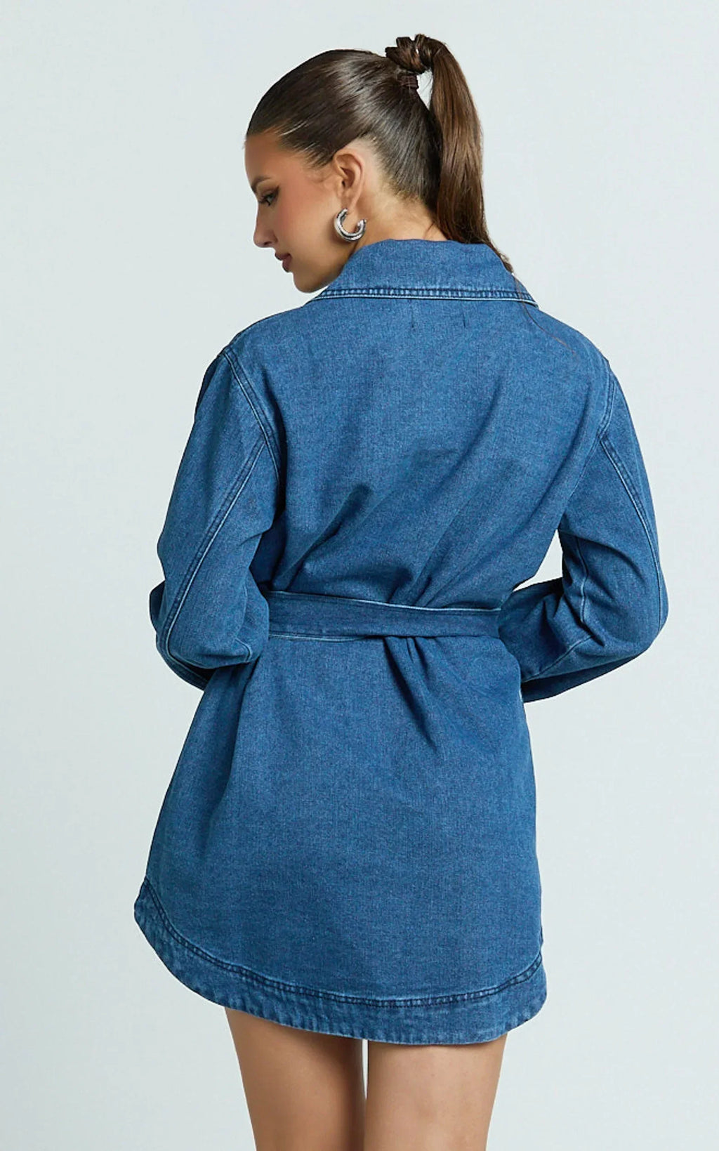 Esme Mini Dress - Denim Shirt Dress with Detachable Belt in Dark Mid Blue