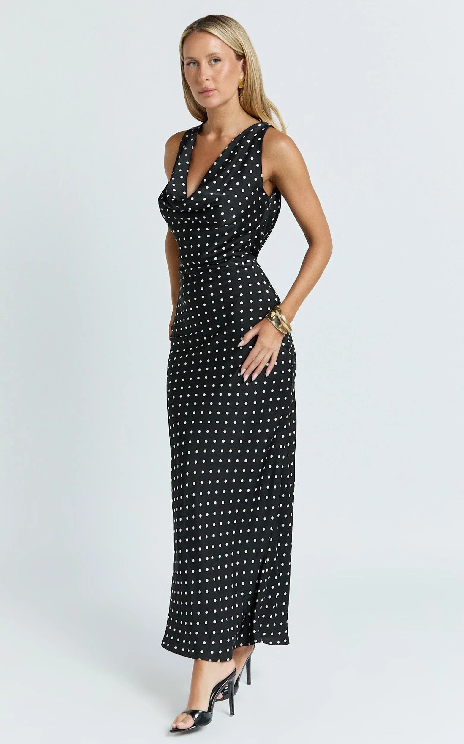 Blanca Maxi Dress - Cowl Neck Bias Cut Dress in Black Polka Dot