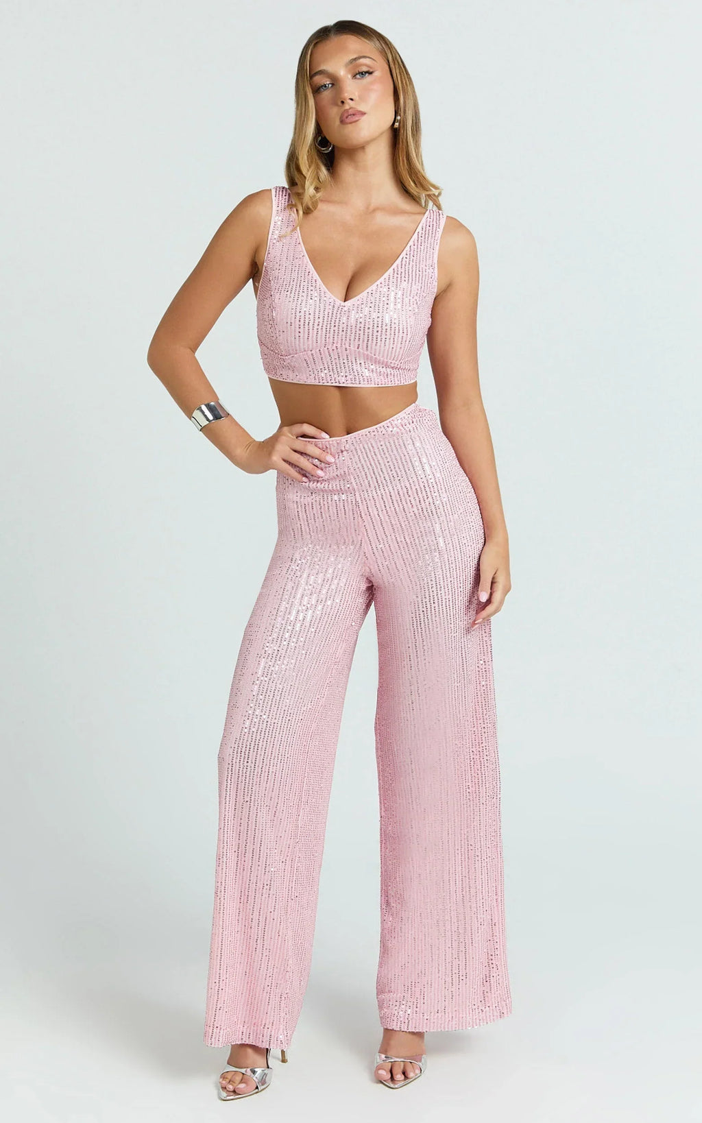 Abela Two Piece Set - Crop Top and Wide Leg Pants Set in Pink Sequin