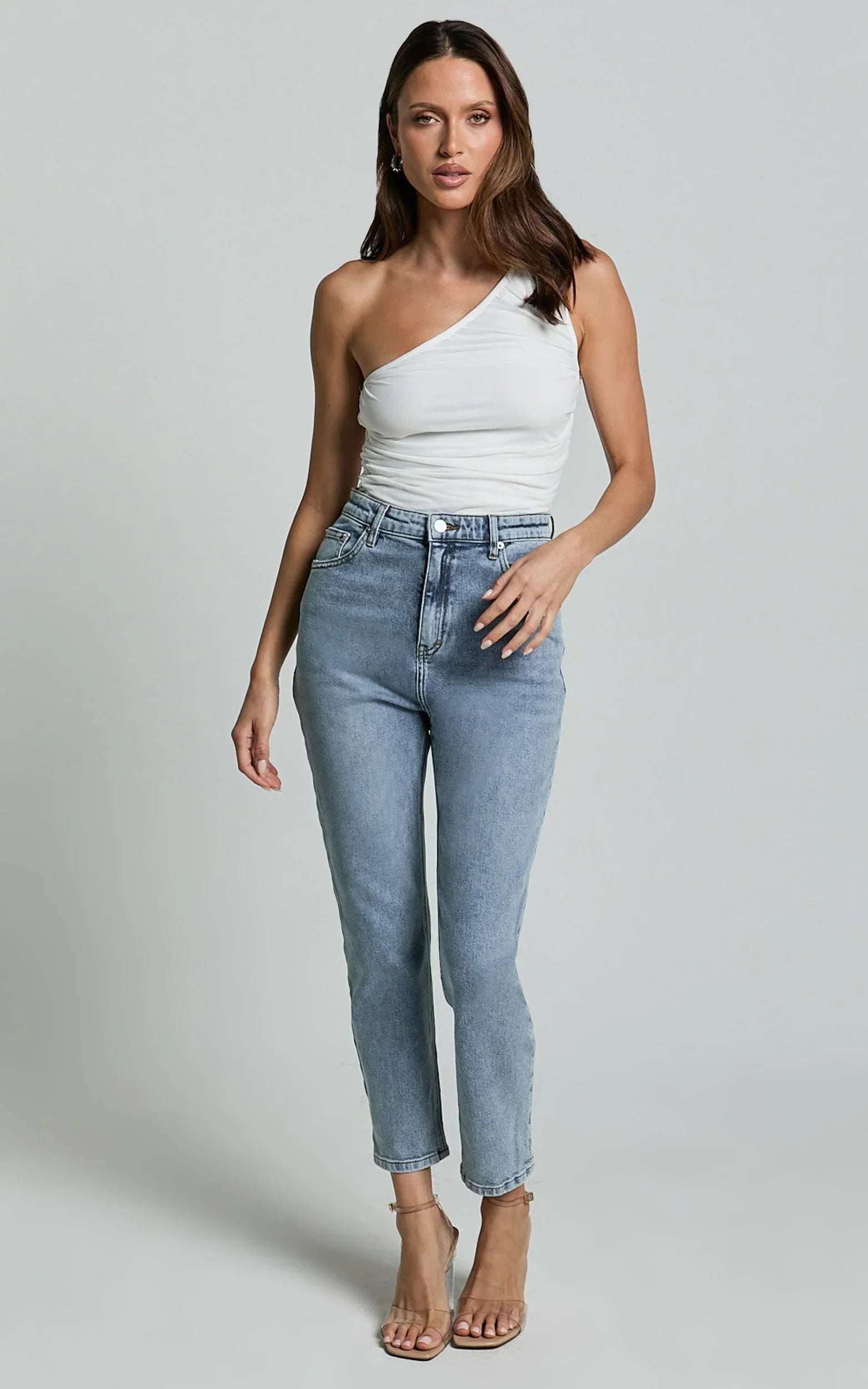 Lucilla Jeans - High Waisted Contour Fitted Denim Jeans in Mid Blue Wash