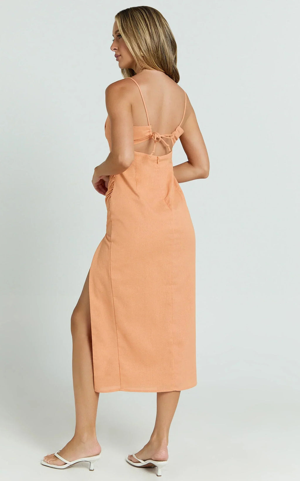 Frederica Midi Linen Blend Dress - Gathered Sweetheart Tie Back Front Split Dress in Orange