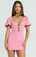 Lalisa Mini Dress - Puff Sleeve Starfish Plunge Neck Dress in Pink