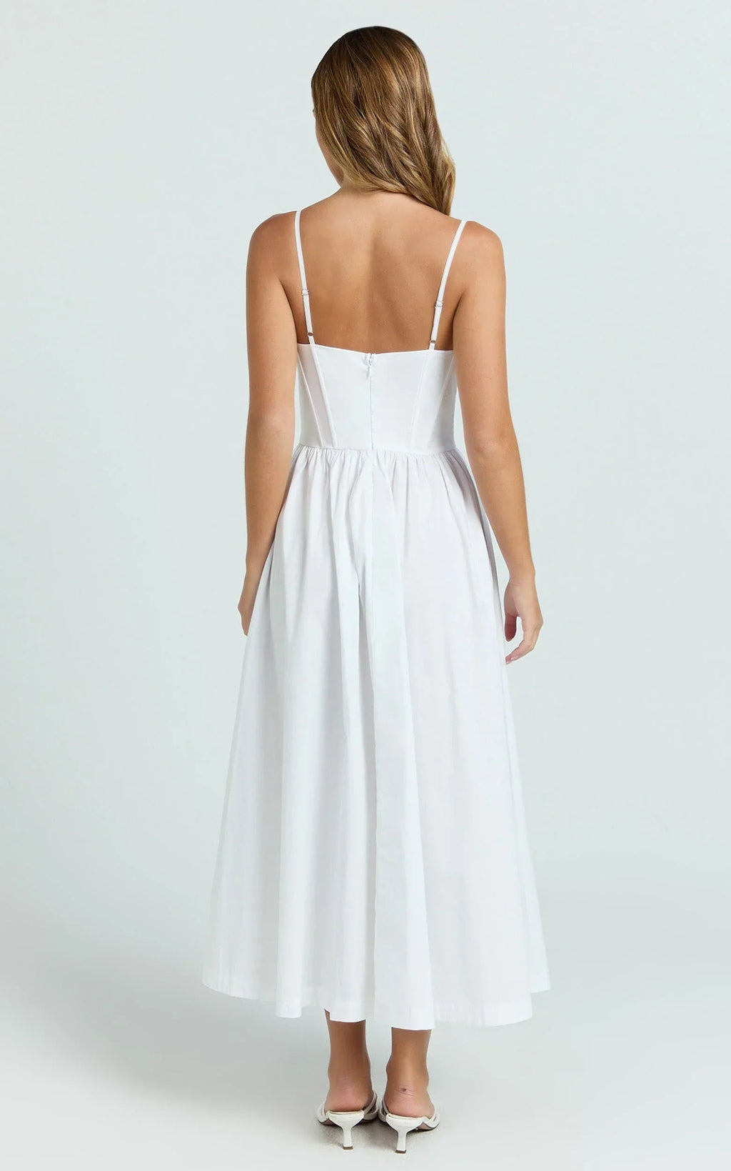 Braelyn Midi Dress - Scoop Neck Flare Dress in White